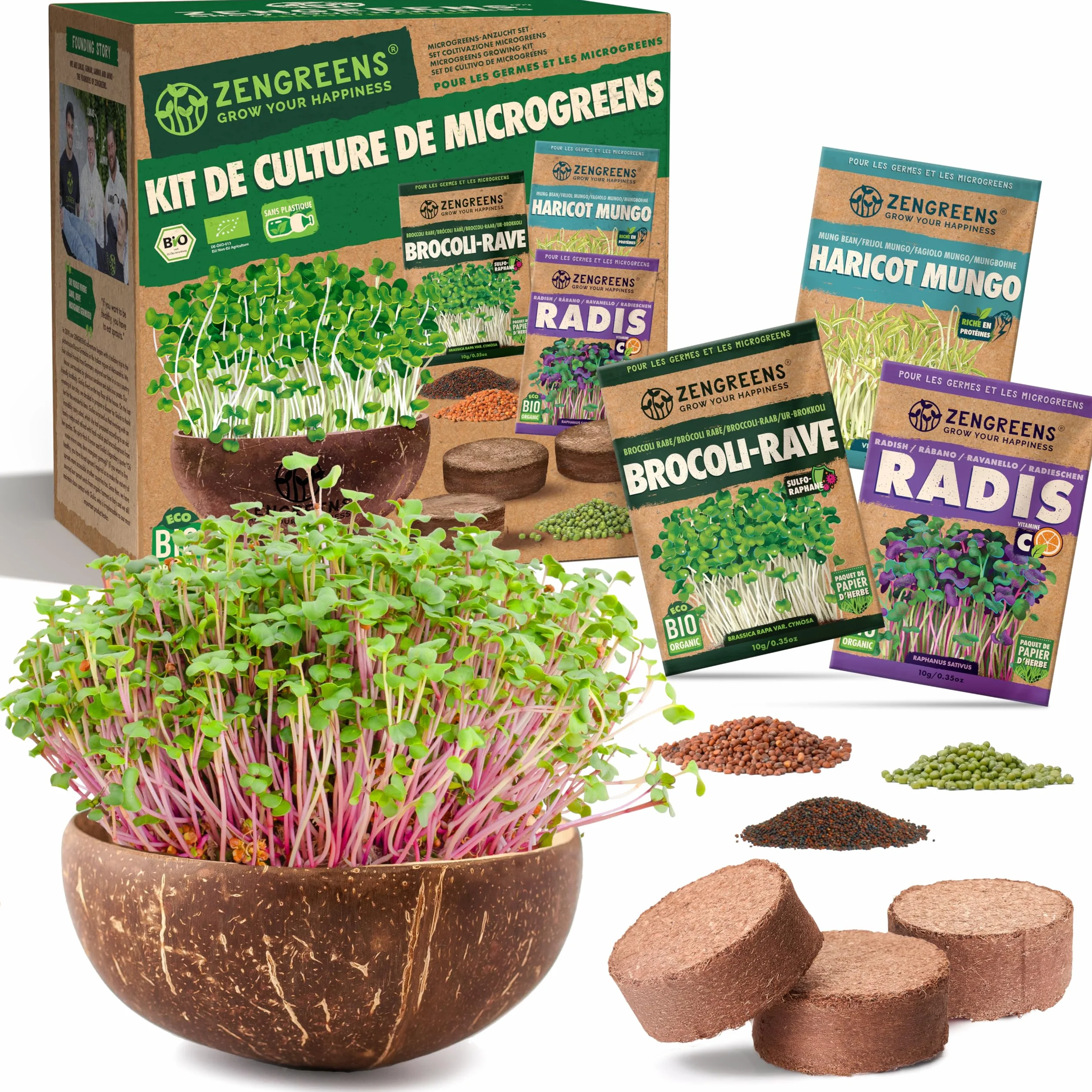 Kit de germoir pour microgreens Bio - Germoir en Coco - Inclus: coupelle, pastilles et graines (Brocoli, Radis, Haricot Mungo)
