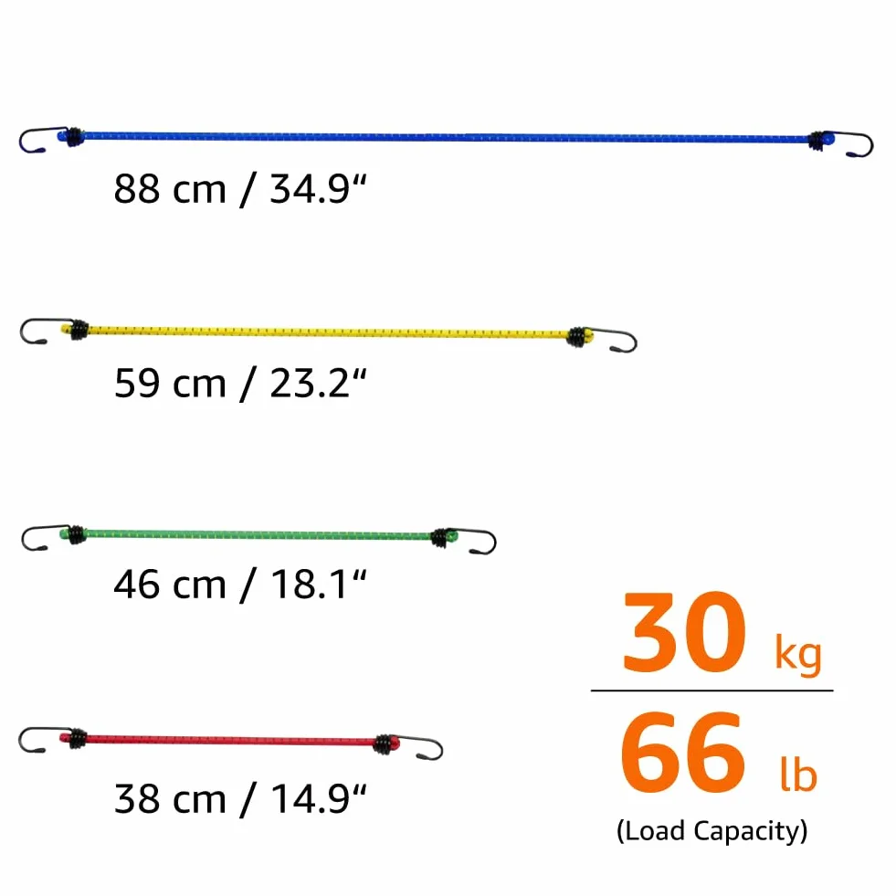 Amazon Basics Tendeurs Robustes, Plusieurs Longueurs - Multicouleur (Lot de 12), 88cm, 59cm, 46cm, 38cm