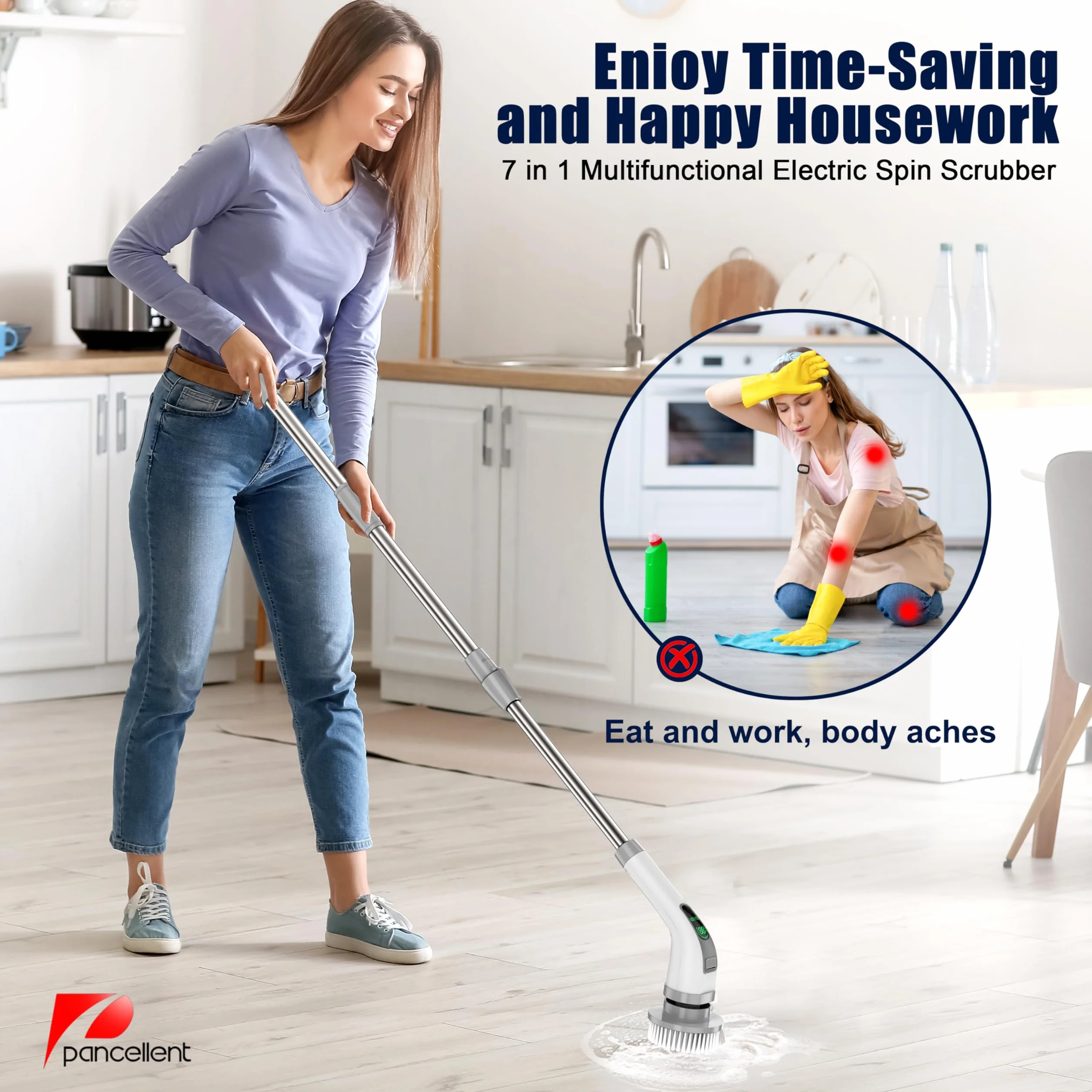 Brosse de Nettoyage électrique rotative, Mise à Niveau 2025 7 en 1, Nettoyage Puissant à 360 TR/Min, Brosse de Salle de Bain à Double Vitesse de 1,5 h avec Bras d'extension pour Cuisine, Voiture