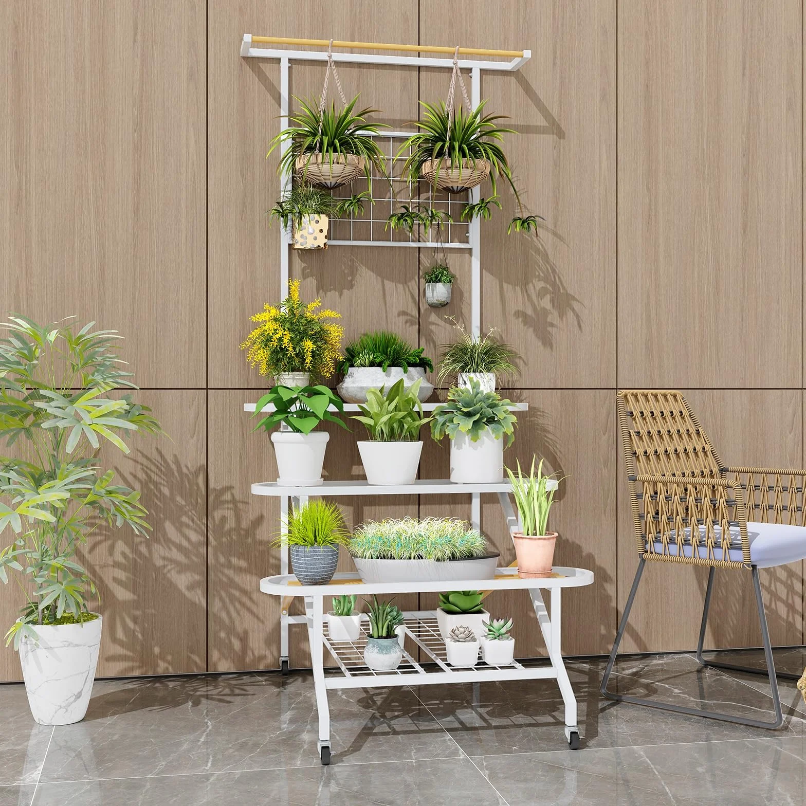 HOMASIS Support de plantes 4 niveaux avec treillis métal sur roulettes blanc naturel