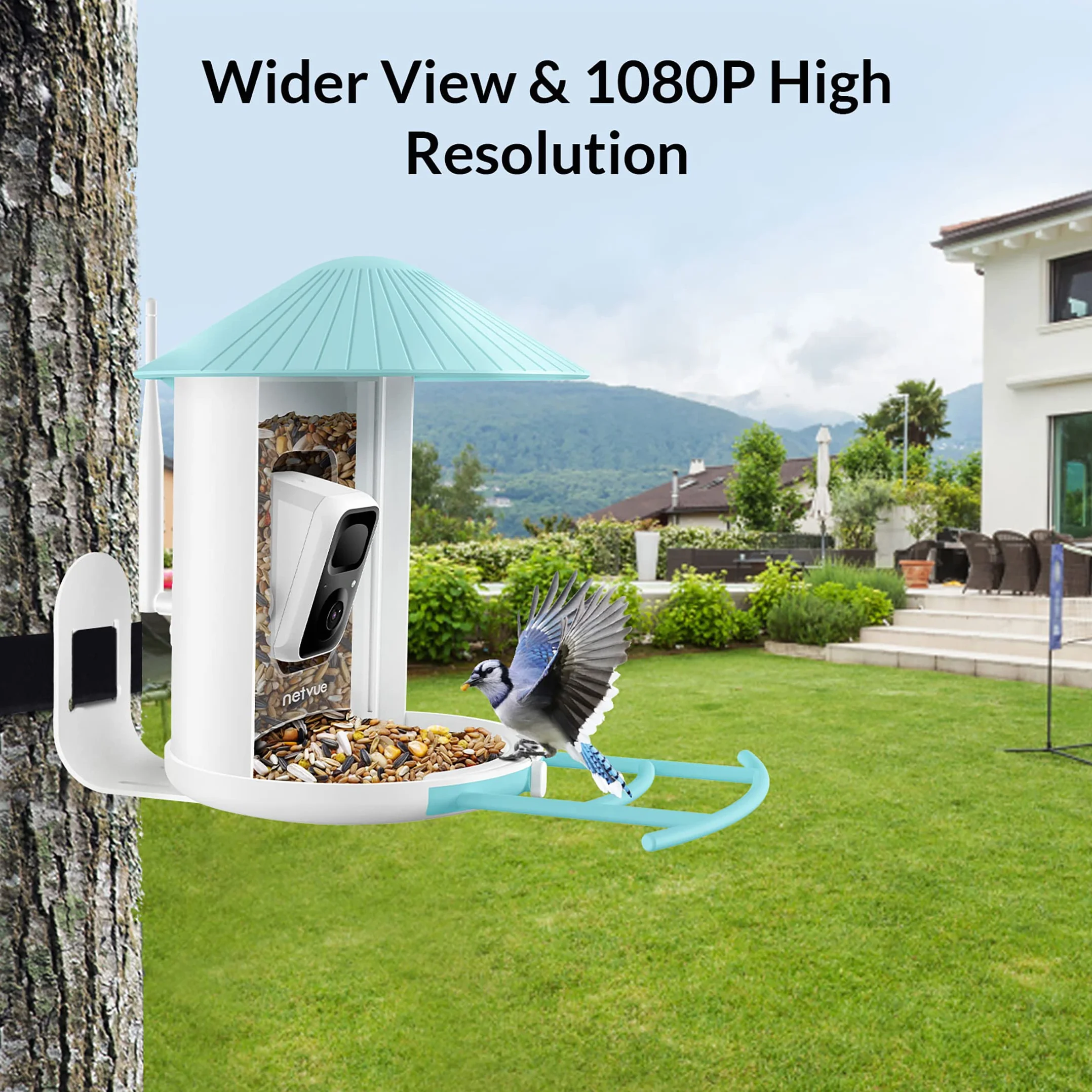 NETVUE Mangeoire Oiseaux avec Camera IA, Observation et Identification des Oiseaux Via APP, Caméra Jardins WiFi à Batterie & Panneau Solaire