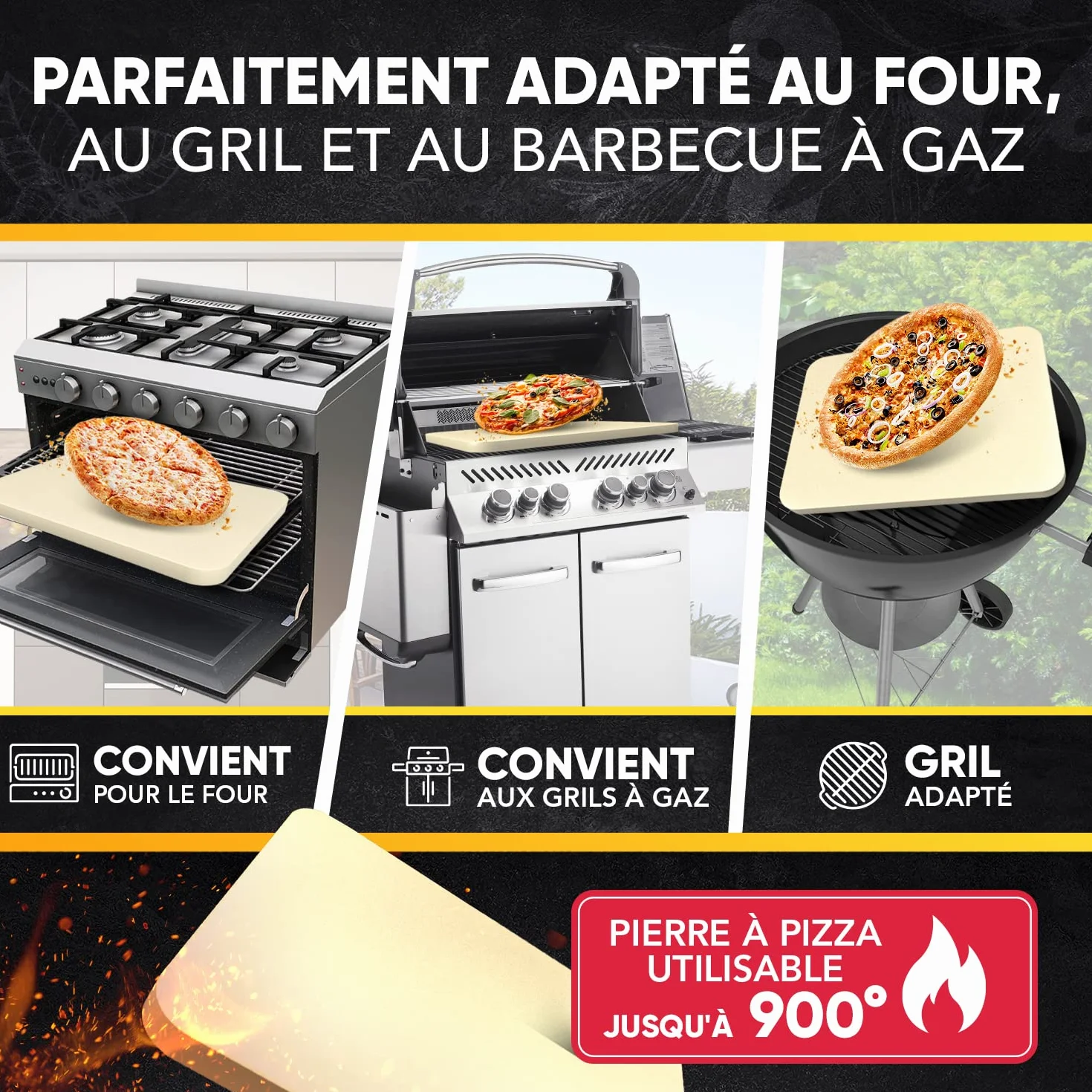 Pierre à pizza barbecue gaz Loco Bird 38x30 cm cordiérite rectangulaire kit 3 pièces