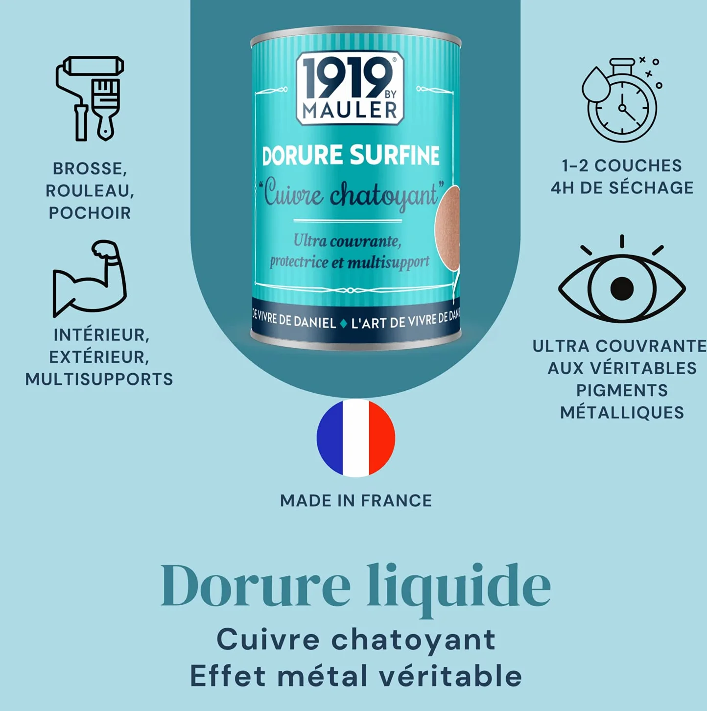 1919 BY MAULER - Peinture « DORURE SURFINE » - Cuivre - 0,125L - Multisupports intérieur et extérieur (bois, métal, PVC, support peint) : effet métal véritables pigments métalliques