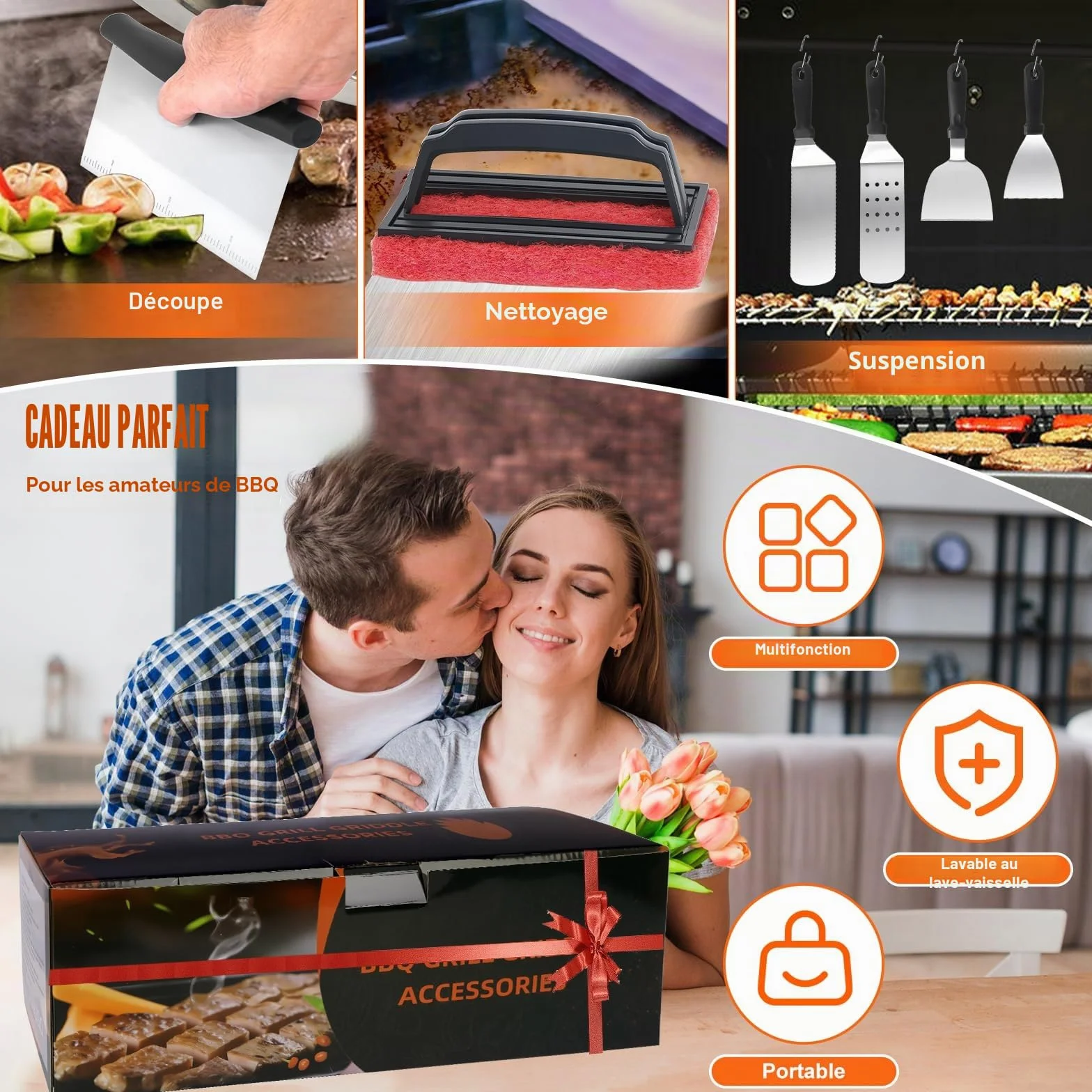 JUAUO Kit 27 Accessoires Plancha Barbecue Acier Inoxydable Inclut Presse à Steak Spatules Sac
