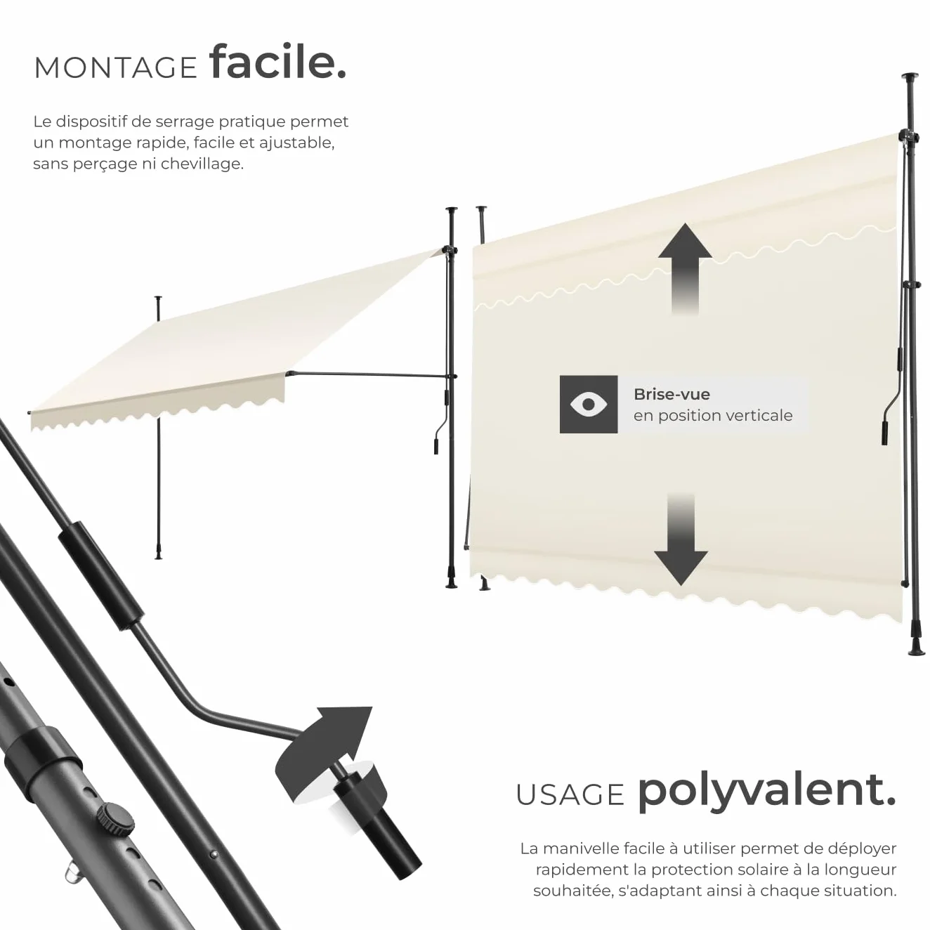 Store banne sans Perçage Auvent Marquise Retractable avec Manivelle Aluminium Beige 350 x 180 cm