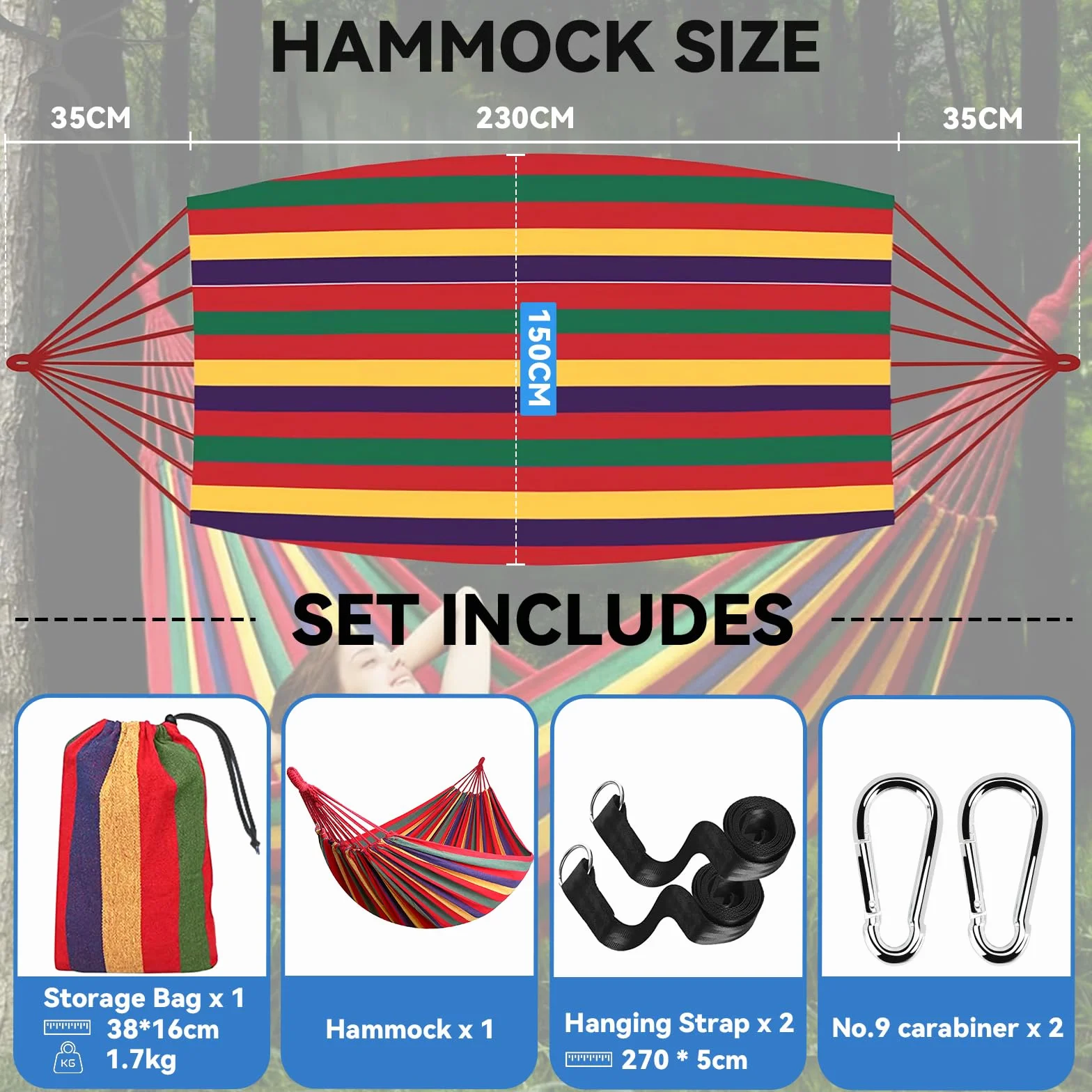 Hamac de Camping Extérieur Double 300x150cm 270kg avec Sac de Transport Sangles en Nylon