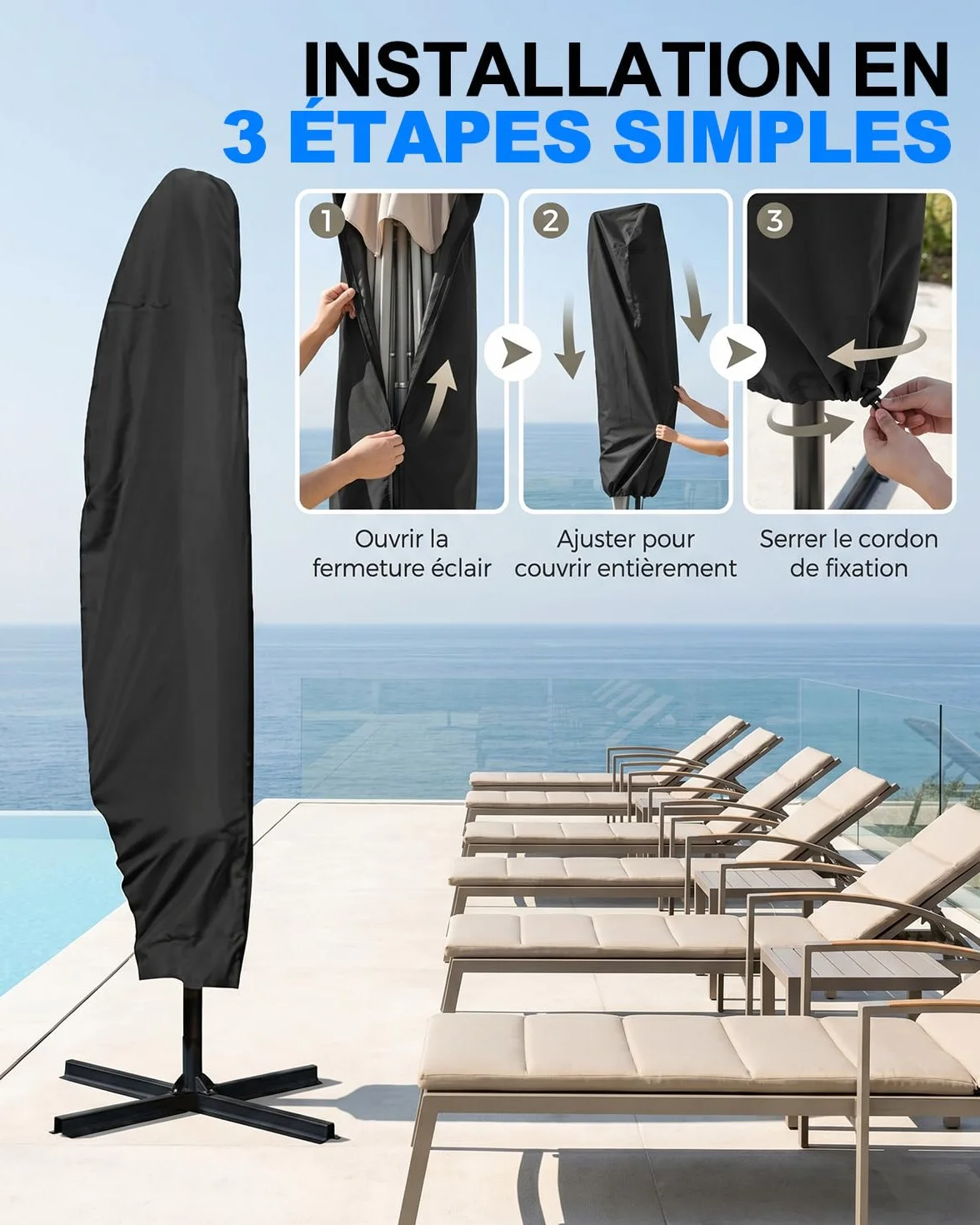 Housse Parasol Déporté Imperméable Oxford Anti-UV 265cm Protection Jardin Terrasse