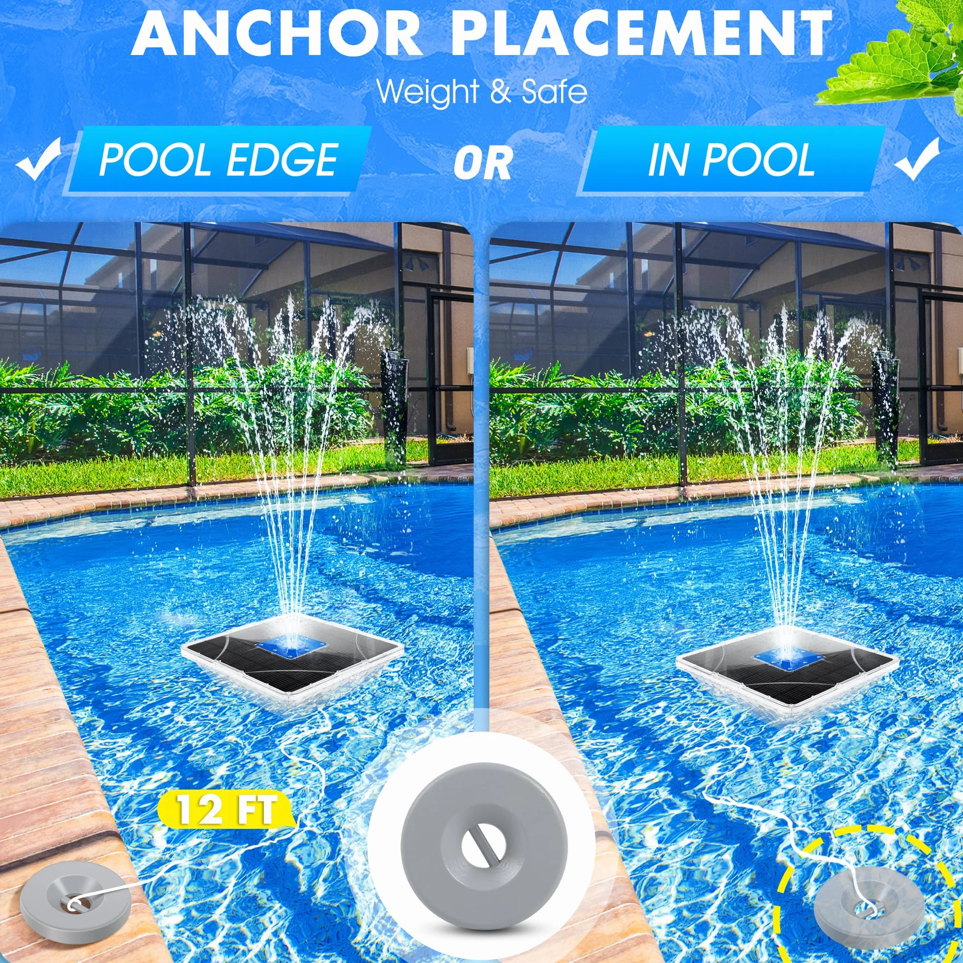 Fontaine Solaire Flottante avec Lumière 2 Modes Hauteur 110cm pour Piscine Bassin