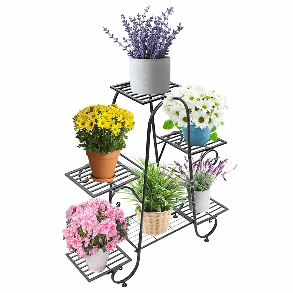 CarolynDesign Support de pot de fleurs à 6 étages en métal noir pour intérieur et extérieur
