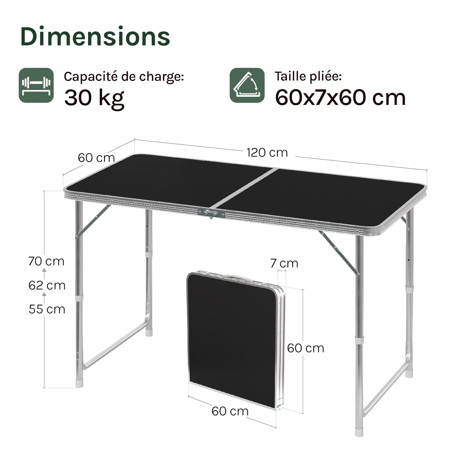 WOLTU Table de Camping Pliante en Aluminium MDF Noir réglable en Hauteur
