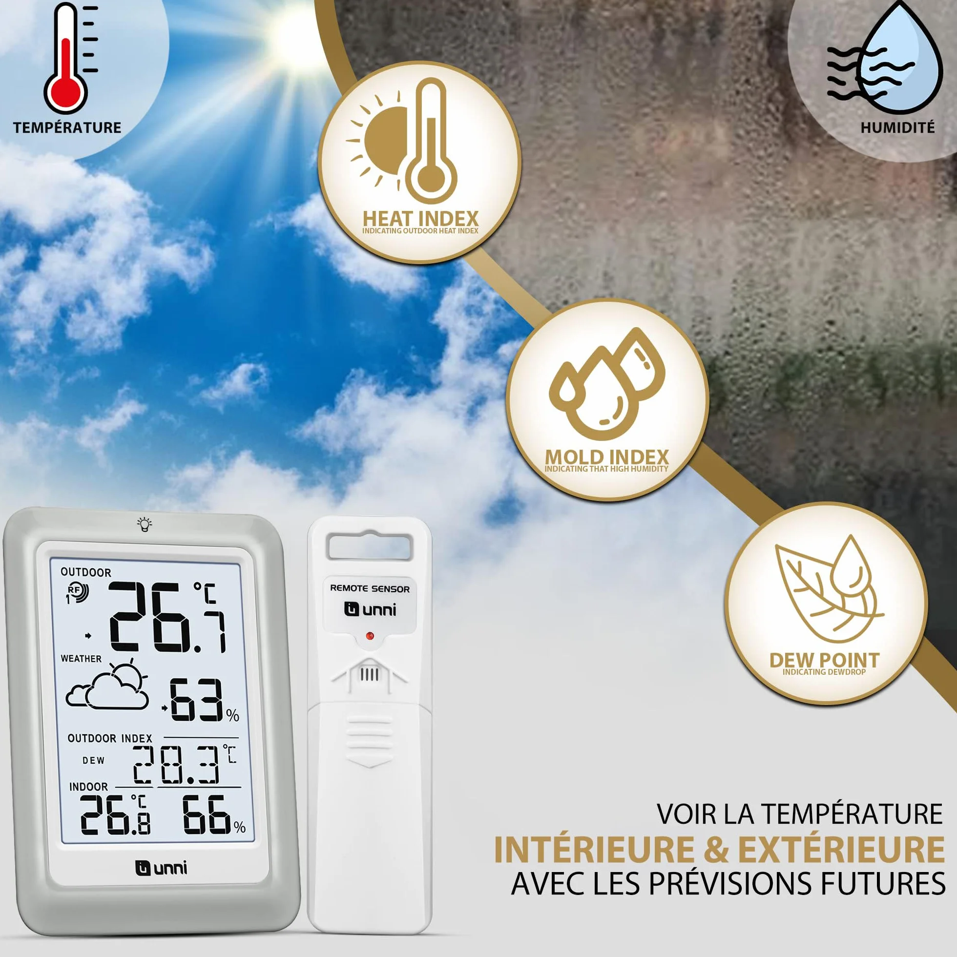 Station Météo Sans Fil Numérique Thermomètre Hygromètre Intérieur Extérieur avec Capteur 100m