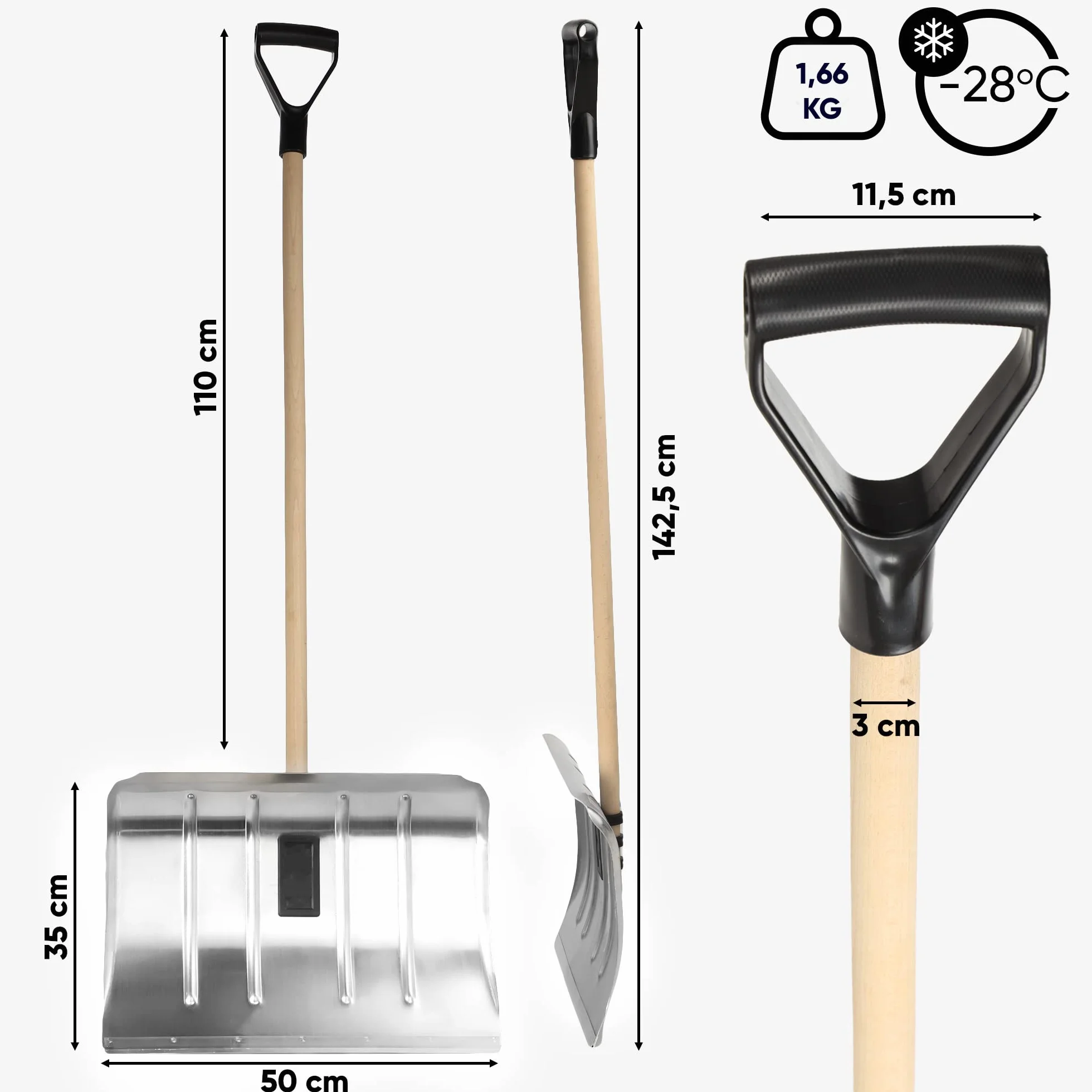 KADAX Pelle à neige en aluminium 50 cm avec manche en bois et poignée en D