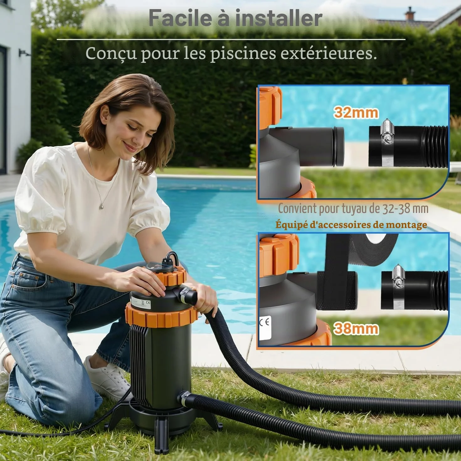 Chauffage électrique piscine Ø 17 x 42 cm interface numérique 32-38 mm protection anti-fuite anti-basculement ignifuge 45 °C