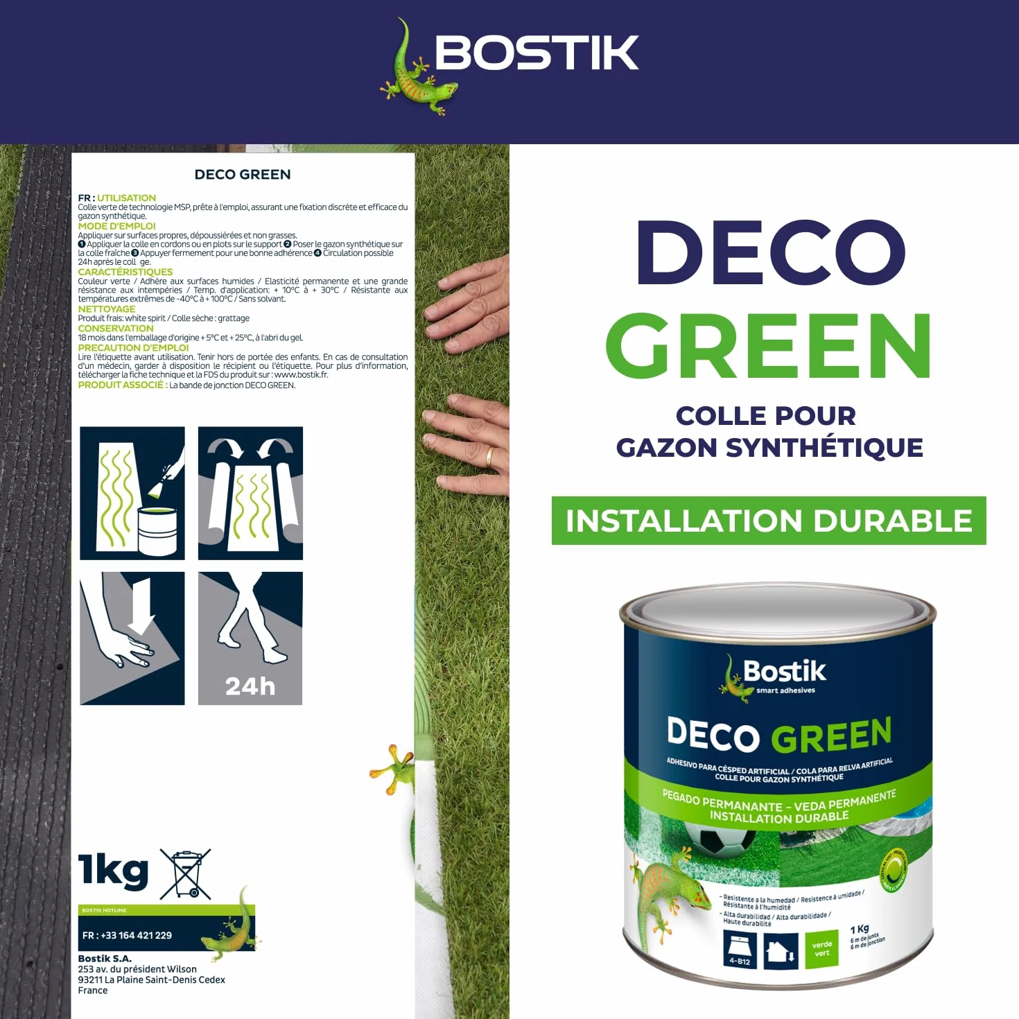 Bostik Colle Déco Green - Colle pour Gazon Synthétique Haute Durabilité – Tous Matériaux – Intérieur/Extérieur – Technologie MSP – Couleur : Vert – Fixation Discrète – Pot de 1 kg