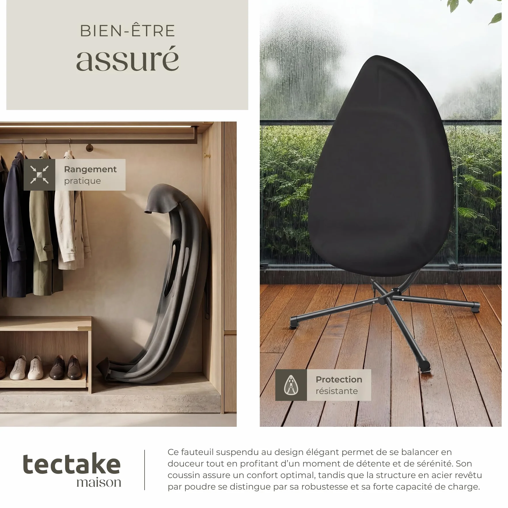 Tectake Fauteuil Suspendu Oeuf Acier Résistant aux Intempéries 160 kg avec Coussins et Housse