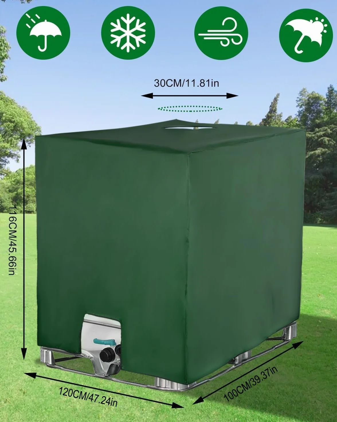 Bâche pour Cuve IBC 1000L, Anti-UV Anti-poussière, Protection Réservoir Eau, 116 x 100 x 120 cm, Vert
