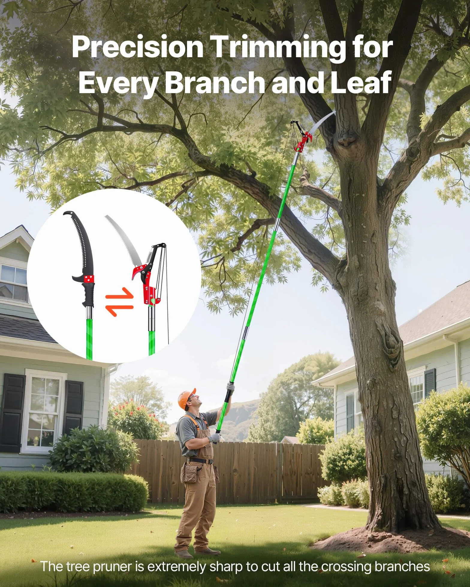 VEVOR Scie à Élaguer Extensible, 2,15-8,09 m, Scie sur Perche Manuelle, Lame Acier Tranchante, avec Ciseaux, 8 Perches Fibre de Verre, Outil Élagage pour Tailler Branches Hautes, Palmiers, Arbustes