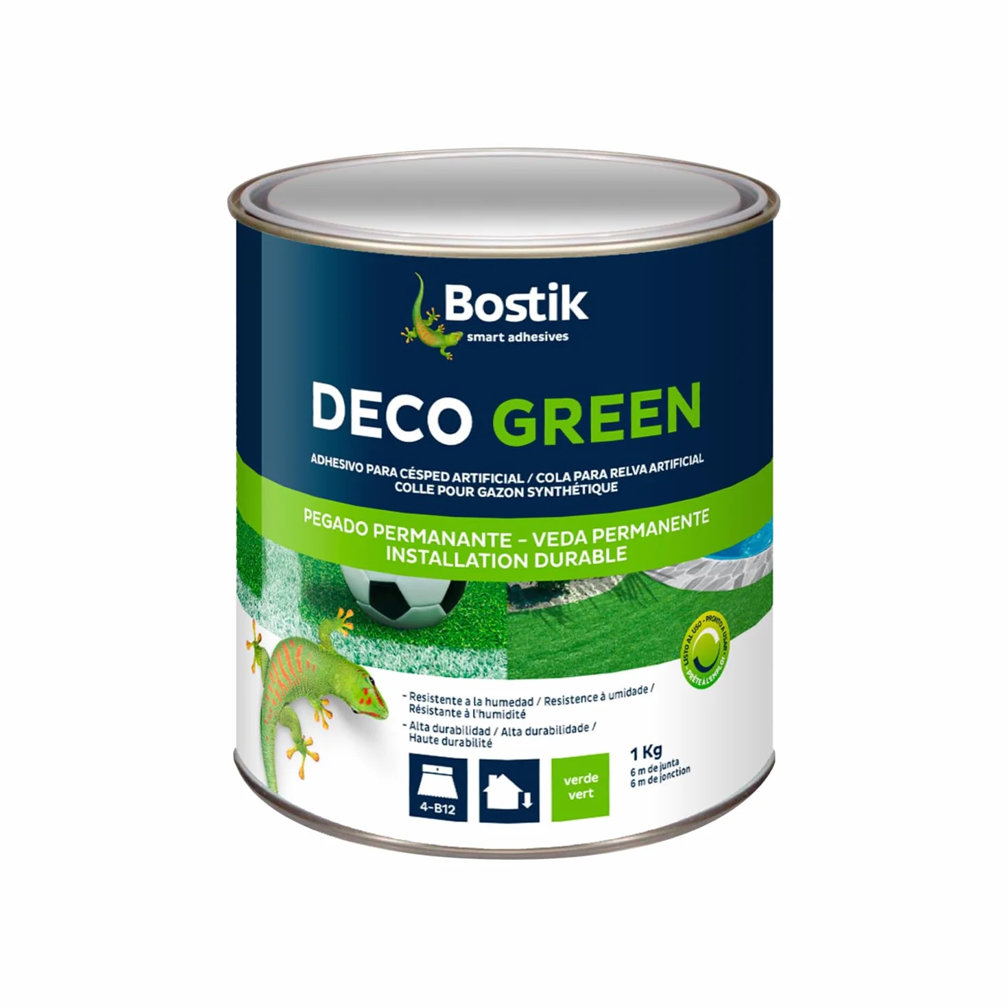 Bostik Colle Déco Green - Colle pour Gazon Synthétique Haute Durabilité – Tous Matériaux – Intérieur/Extérieur – Technologie MSP – Couleur : Vert – Fixation Discrète – Pot de 1 kg