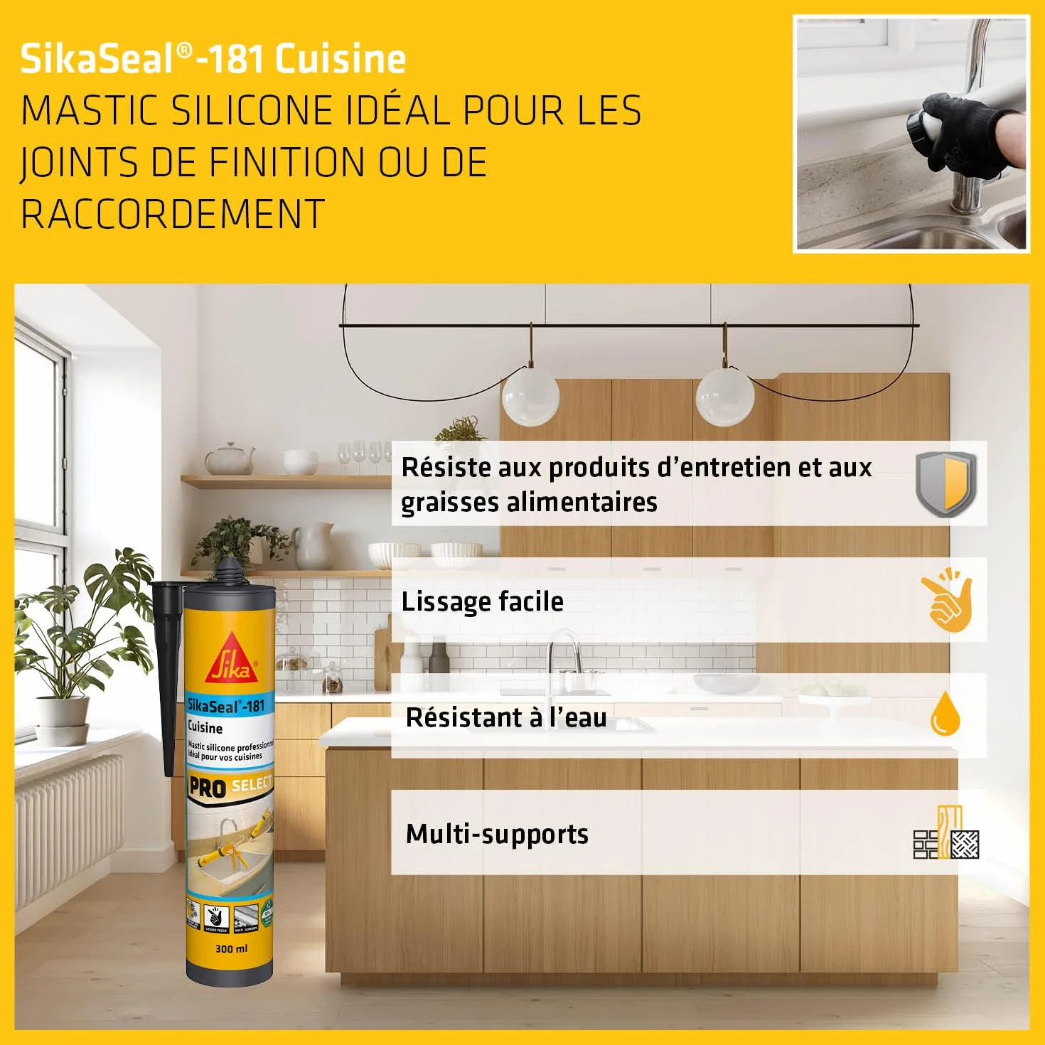 SIKA - Mastic silicone sanitaire - SikaSeal-181 Cuisine noir - Réalisation de joints - Spécial cuisines - Intérieur/extérieur - Longue durée - 300 ml