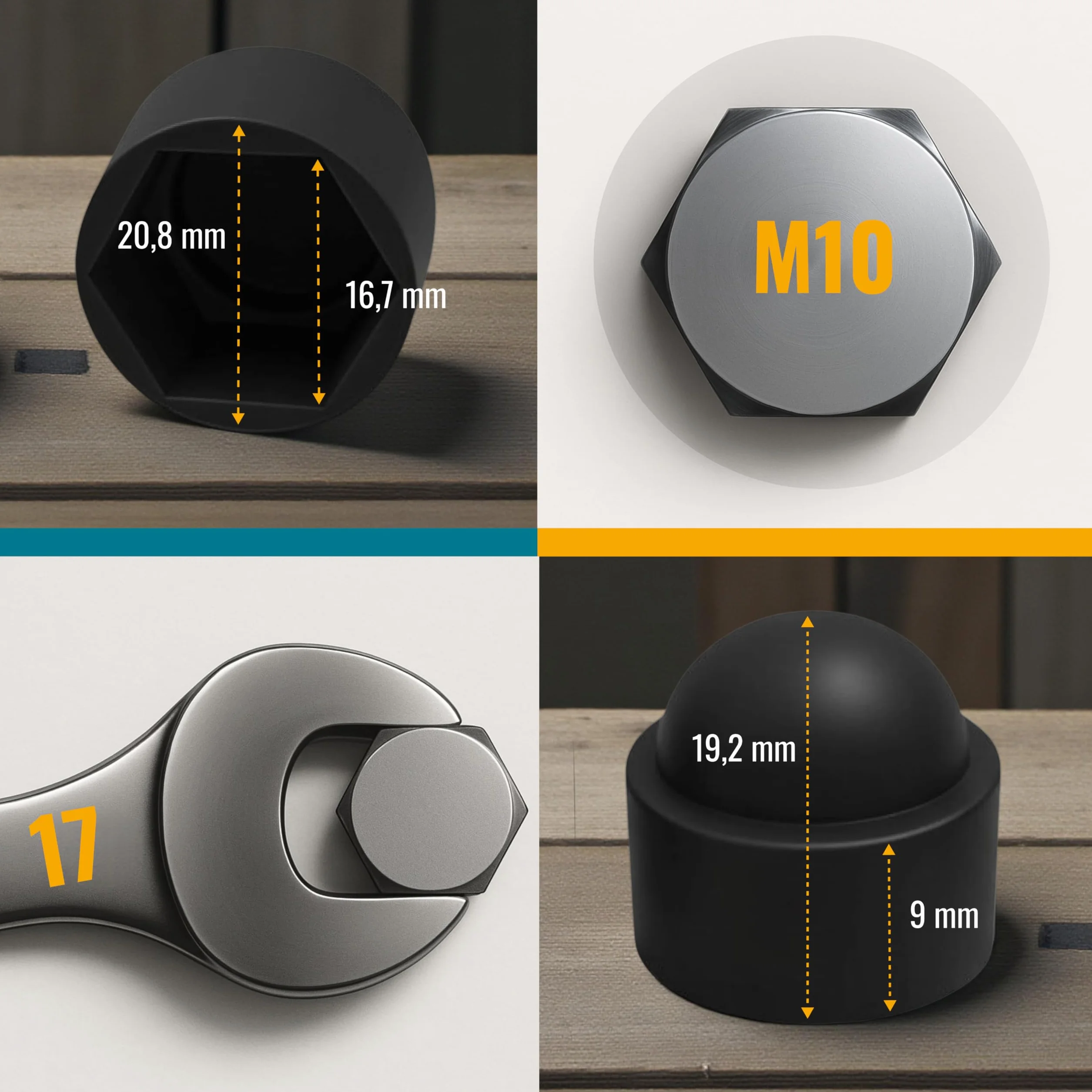 Ajile – 20 Caches Écrous M10 - Clé 17 mm – Protège Écrou Et Vis – Capuchons Plastique Noirs Résistants – Cache Vis Décoratif, Protection Anti-Rouille Et Finition Propre - Bricolage