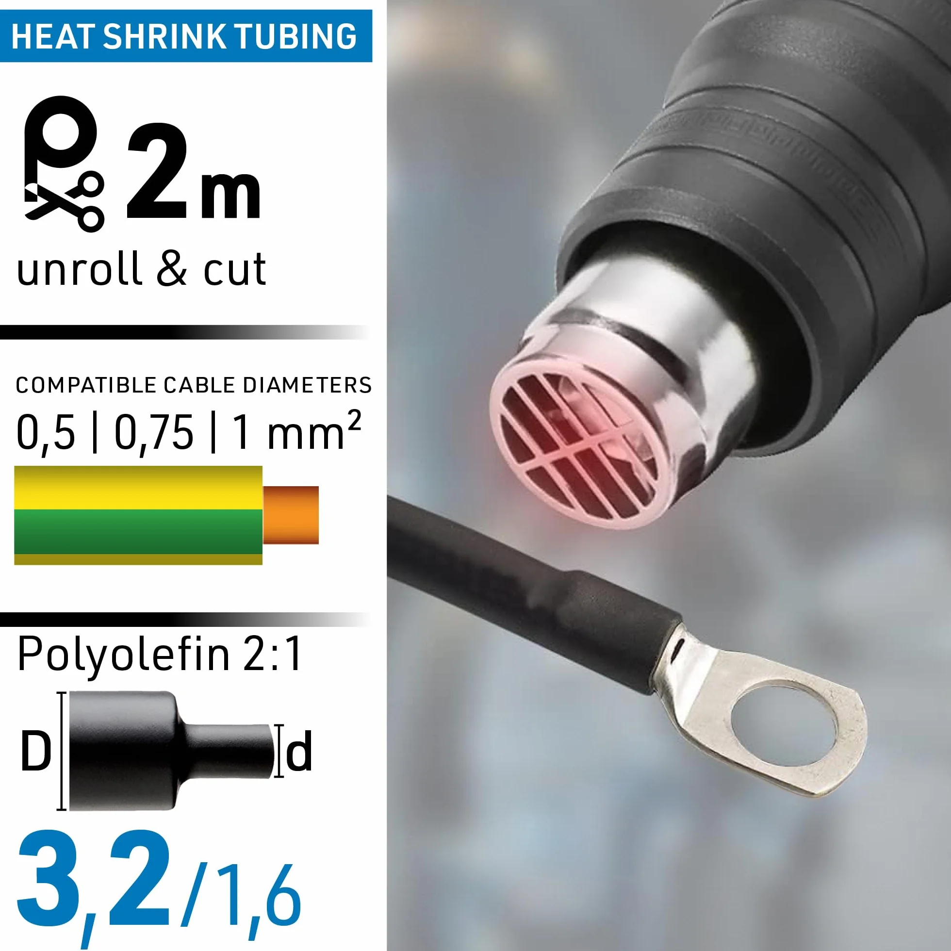 Electraline 59235 Gaine thermorétractable noire, diamètre 3,2/1,6 mm et longueur 2 m, pour isoler, protéger et renforcer les câbles et connecteurs, résistante aux températures extrêmes (-55° à 125°C)