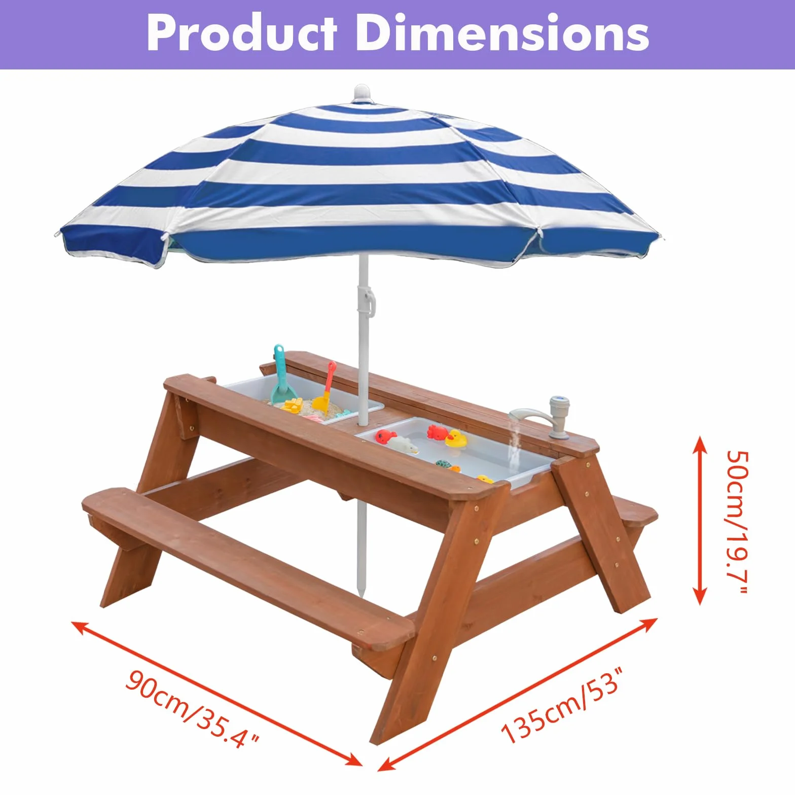 Table d'activités 3 en 1 en bois pour enfants - Table de pique-nique convertible avec parapluie - Marron/bleu marine