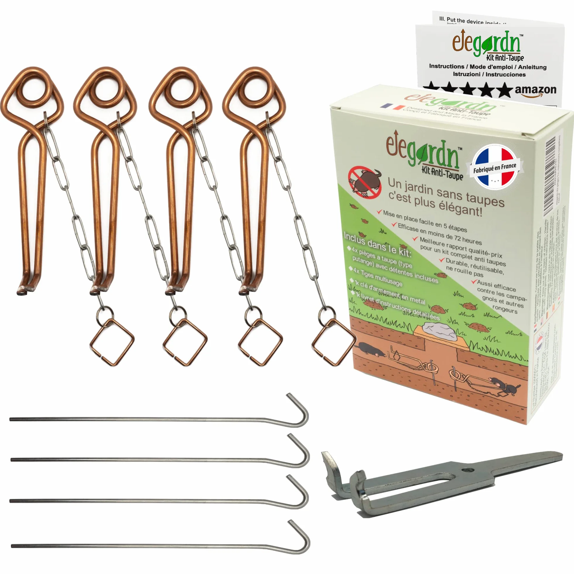 Elegardn Kit Complet 4 Pièges à Taupe Rats Taupiers Campagnol Type Putange Rigide Fabriqué en France