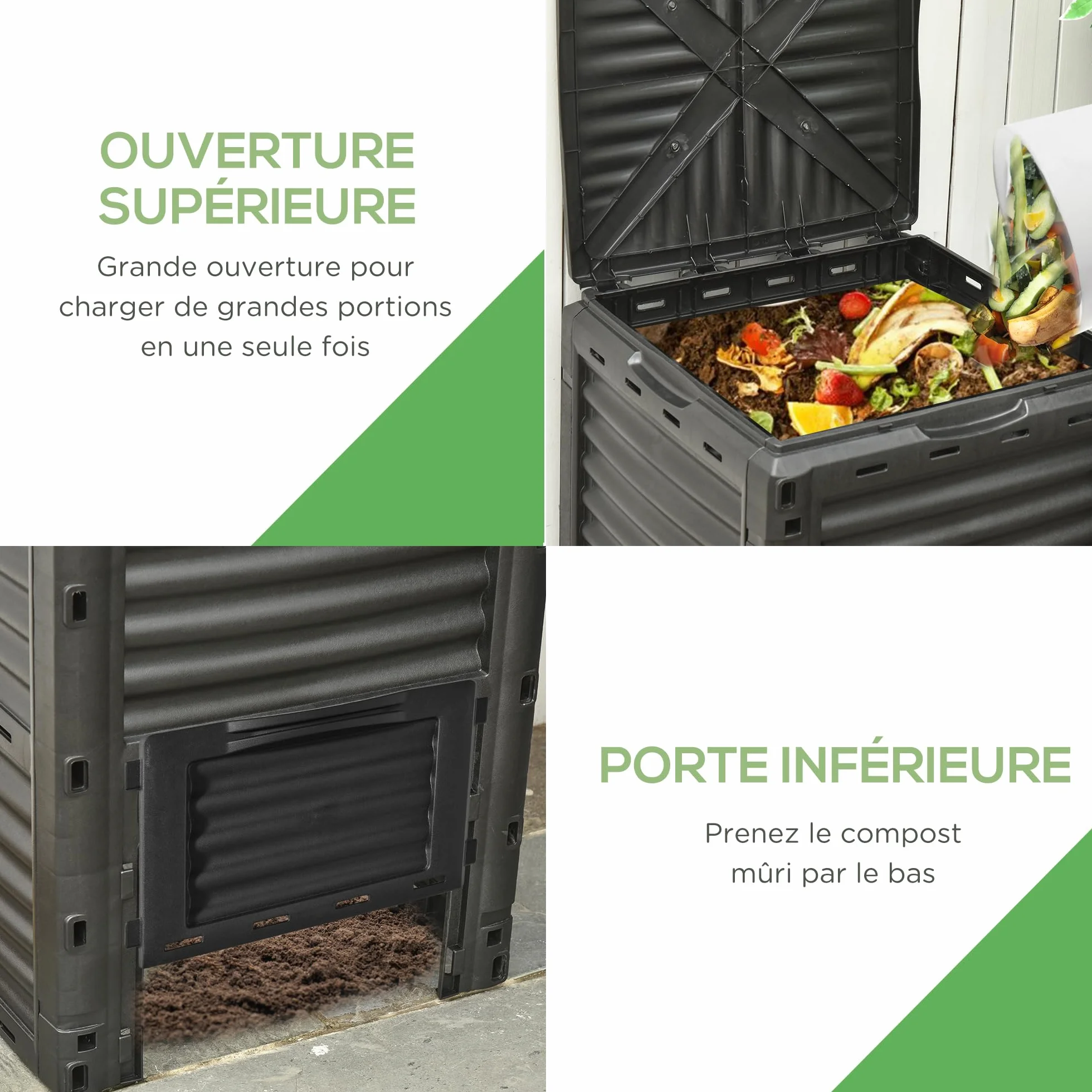Outsunny Composteur de Jardin 300L, bac composteur polypropylène, 48 aérations, Noir