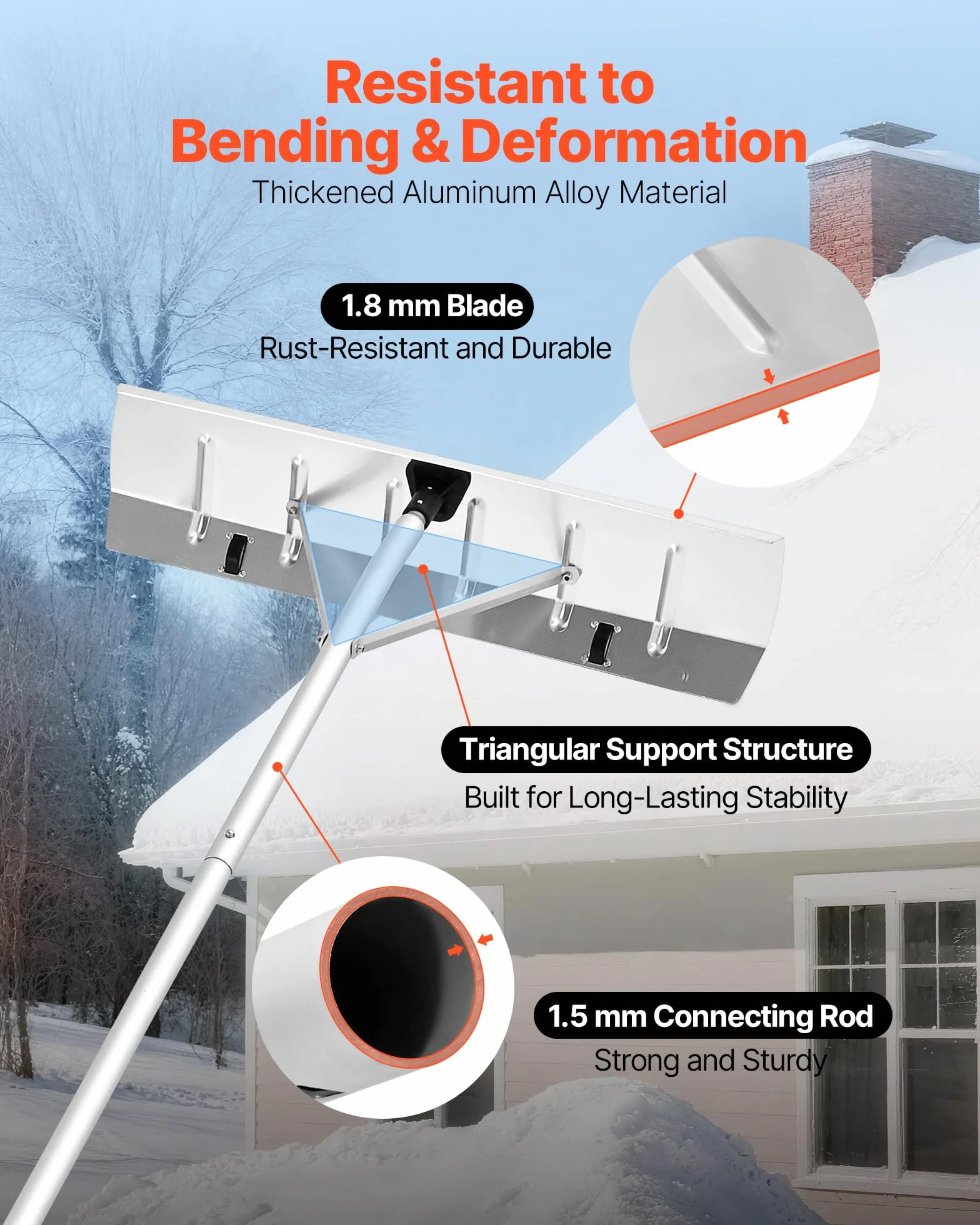 VEVOR Râteau à Neige de Toit 66 cm Réglable 1,42-6,06 m Grattoir Aluminium Roues Poignée Antidérapante
