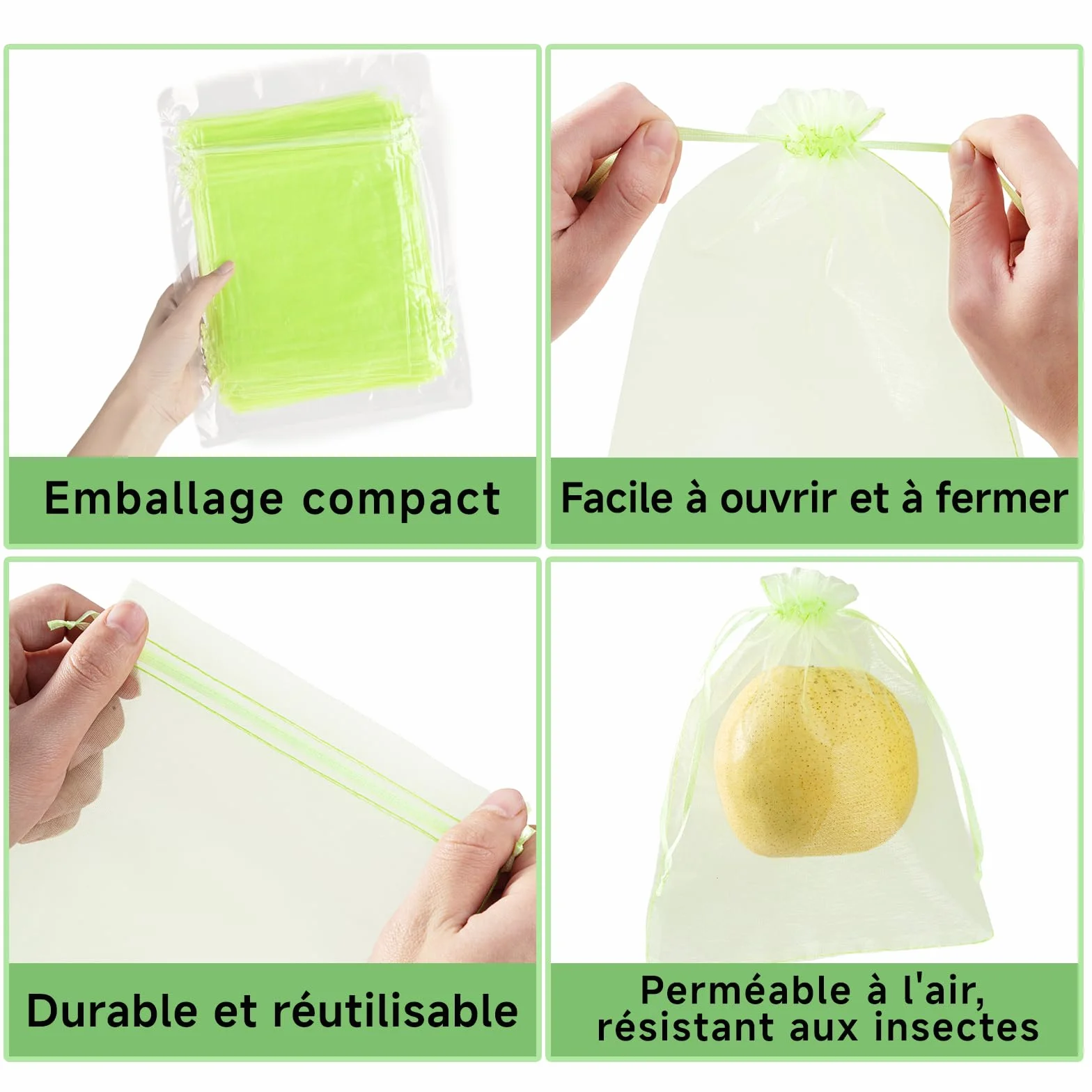 Sacs de Protection pour Fruits en Organza Vert 15x20 cm Lot de 50