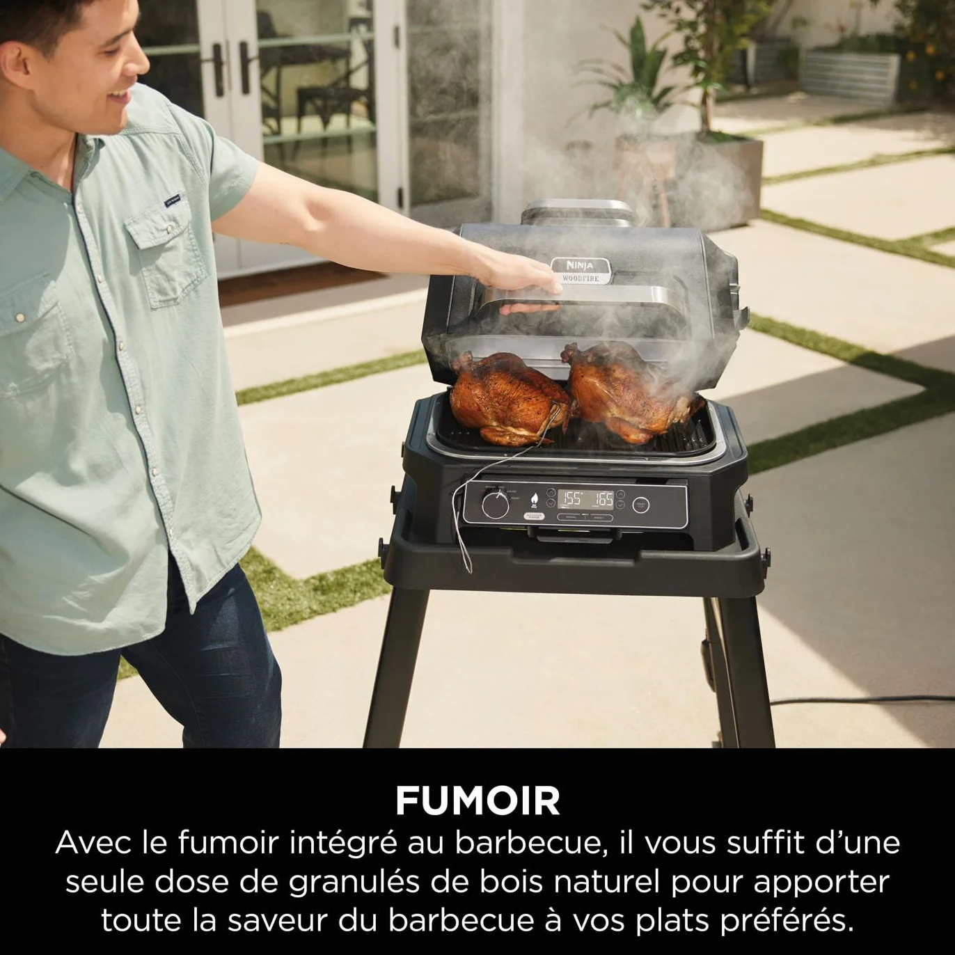 Ninja Woodfire Barbecue électrique et fumoir Pro XL 4-en-1 avec thermomètre, Air fryer d'extérieur, Smart Cook, granulés Woodfire, portatif, gris/noir OG850EU