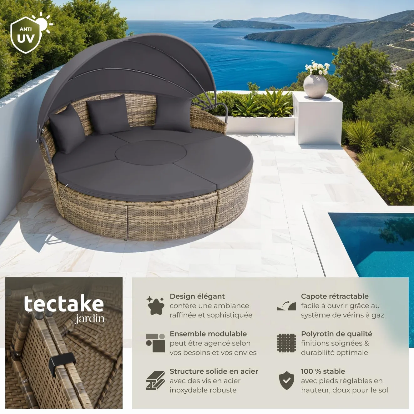 tectake Bain de soleil modulable en résine tressée avec pare soleil pliable, coussins inclus, chaise longue relax pour jardin terrasse