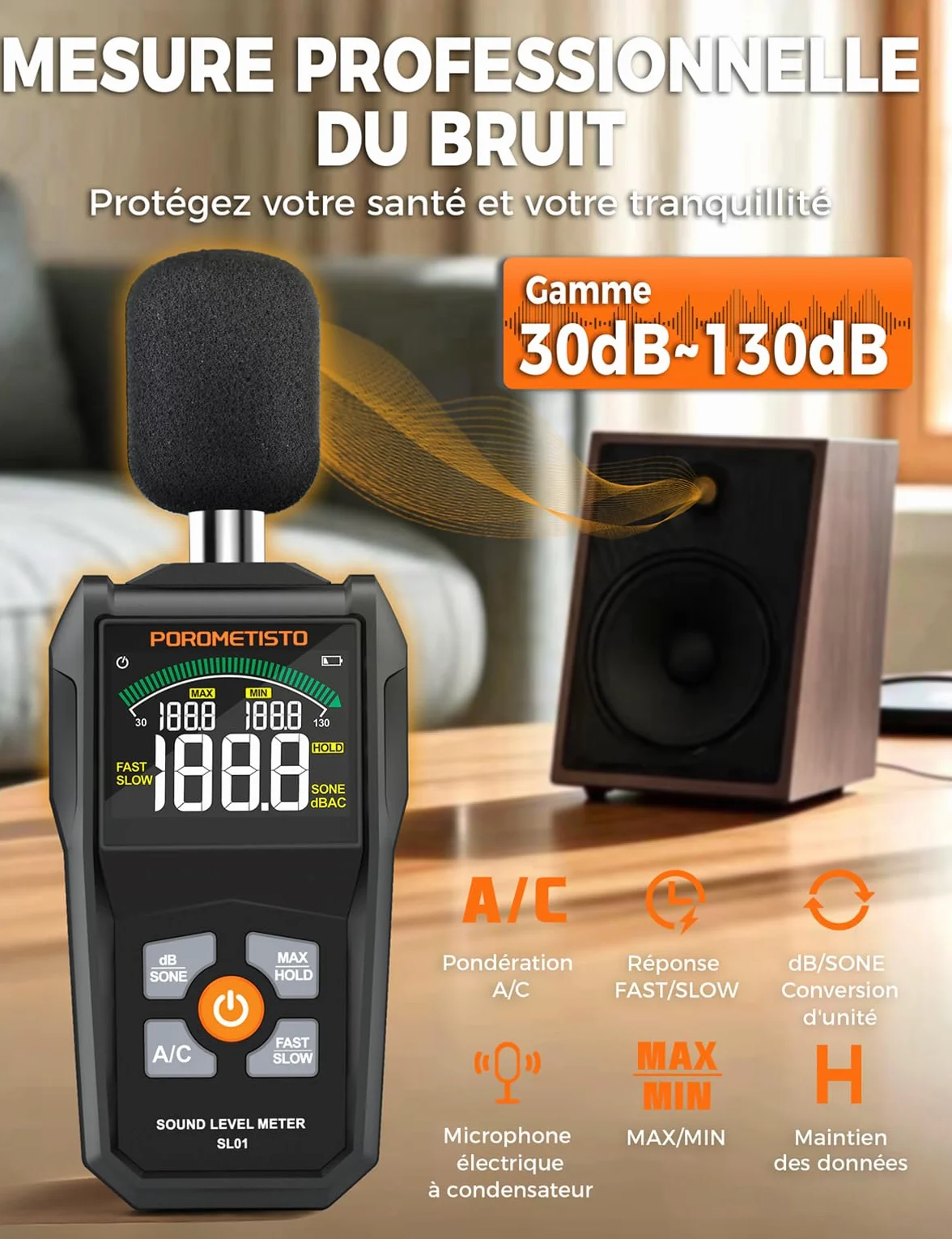 Sonomètre, POROMETISTO SL01,30-130db Sonometre Decibelmetre, Unités dB/SONE à Commutation Rapide, Affichage MAX/MIN, Conservation des données Decibelmetre -S'applique à Nuisances Sonores de Voisinage