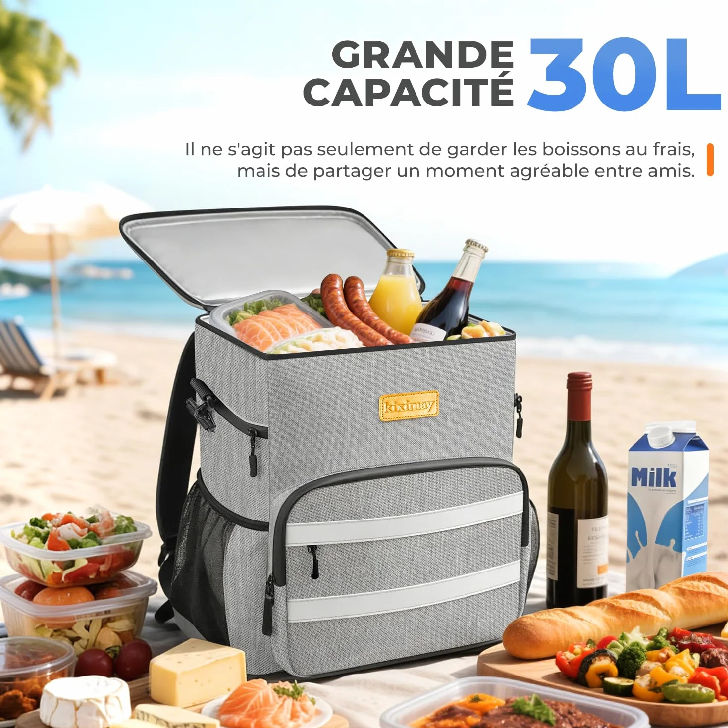 Sac à Dos Isotherme 30L Pliable Imperméable Gris