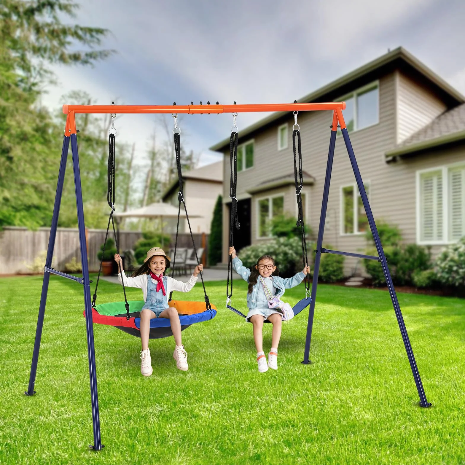 Portique Balançoire Extérieur Kit 2 Sièges Réglables Cadre Métal 250 kg Adulte Enfant