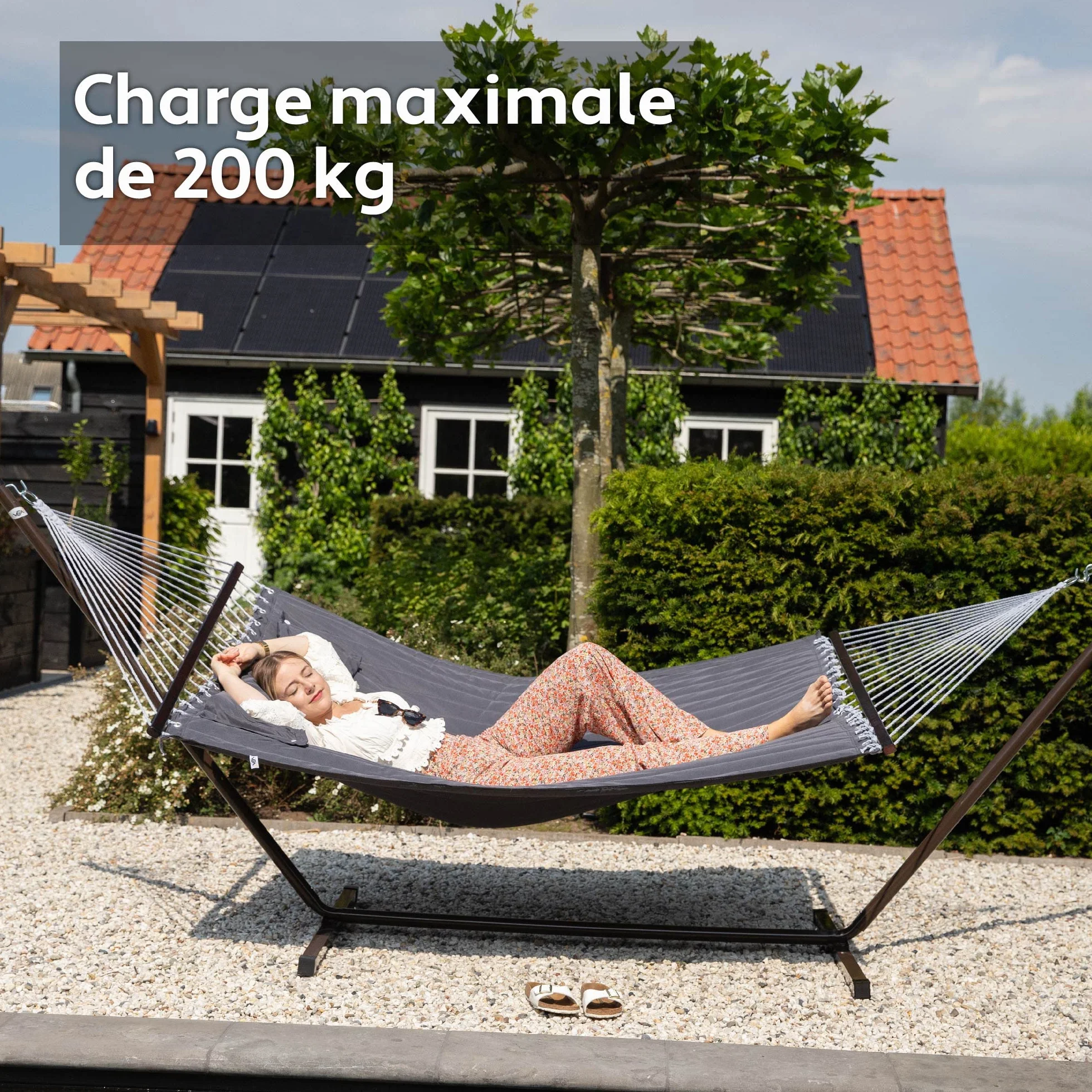 Hamac sur Pied 2 Places avec Coussin, Double Portable, Support Acier, Charge 200 Kg, Hauteur Réglable