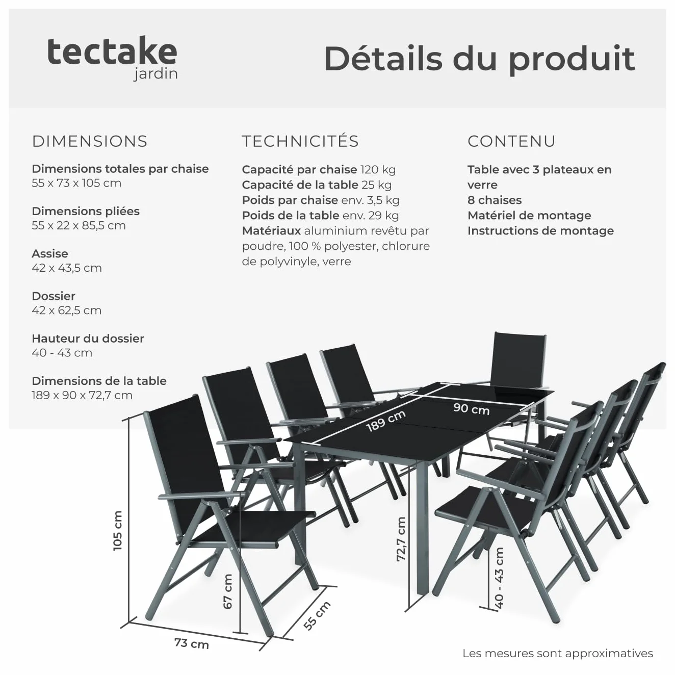 Tectake Salon de Jardin Extérieur en Aluminium 8 Fauteuils Inclinables Pliables 1 Table Mobilier Balcon Terrasse