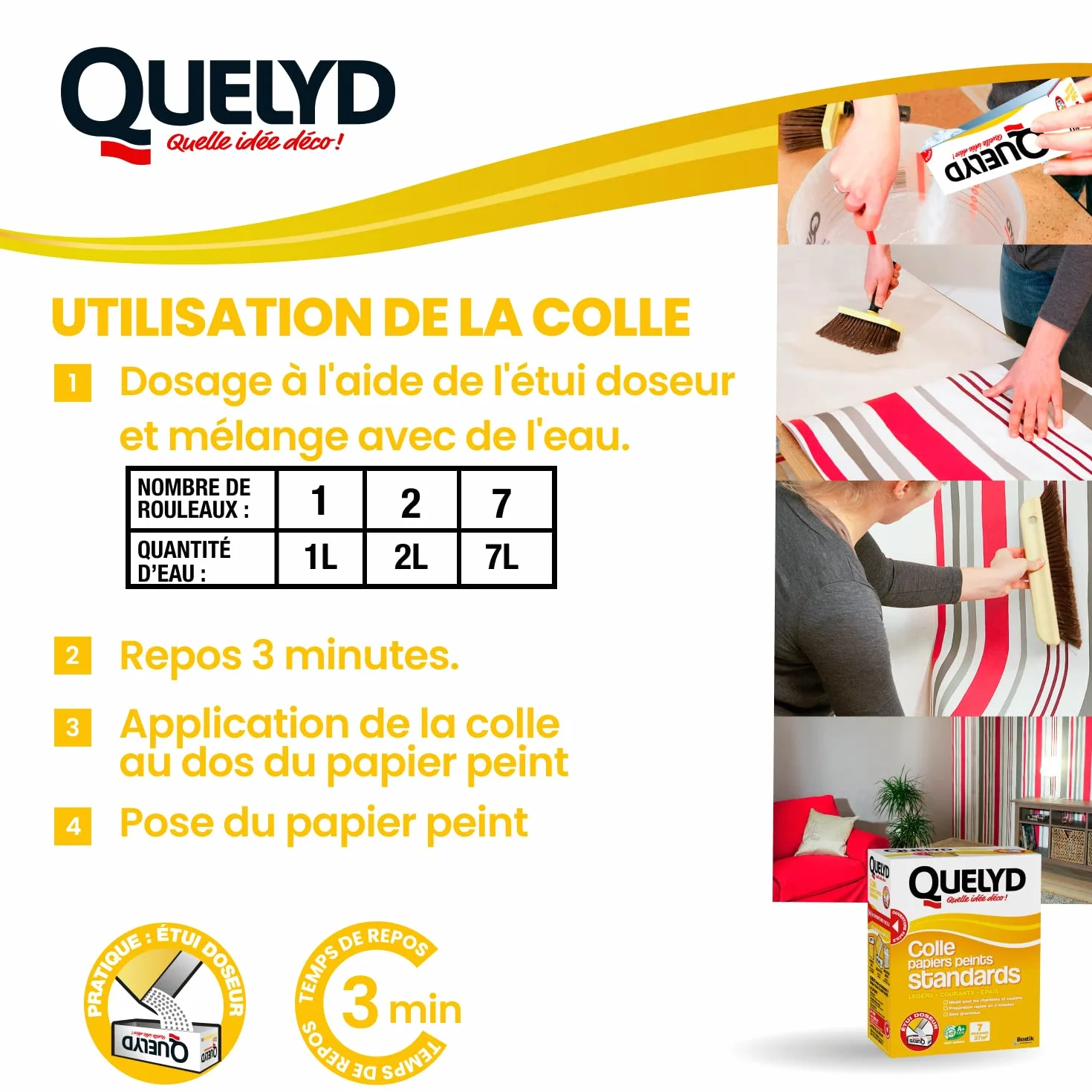 Quelyd Colle Papiers Peints Standards – Idéale pour Chambres et Couloirs – Prête en 3 Minutes – Dosage Ultra Facile – Sans Grumeaux – Sans Solvant – Poudre 250 g (7 rouleaux)