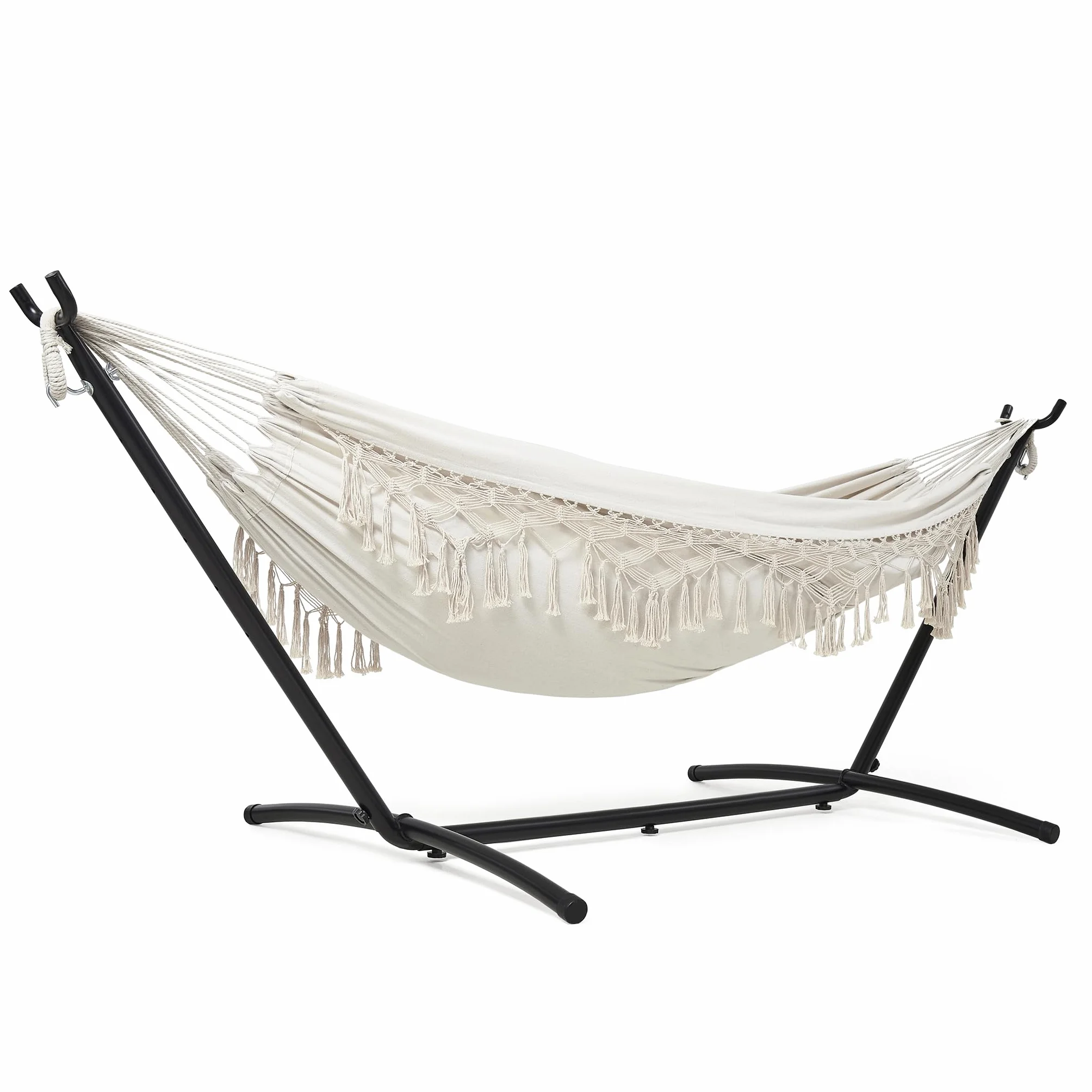 Hamac bohème pour 2 Personnes avec Support Réglable en Hauteur, Cadre métallique, Beige