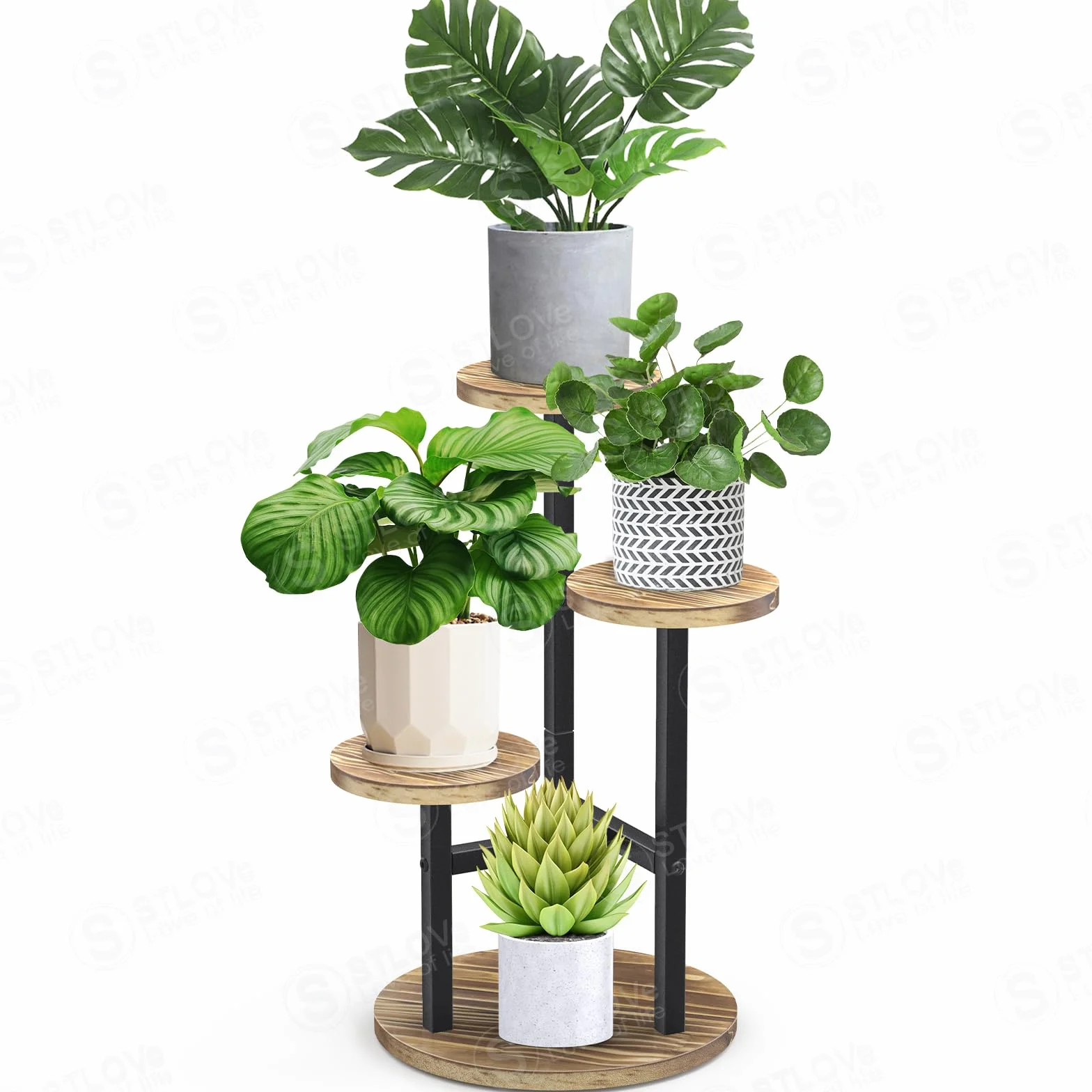 STLOVe Porte Plante Interieur 3 Niveaux Support Metal Bois Etagere Jardin Salon