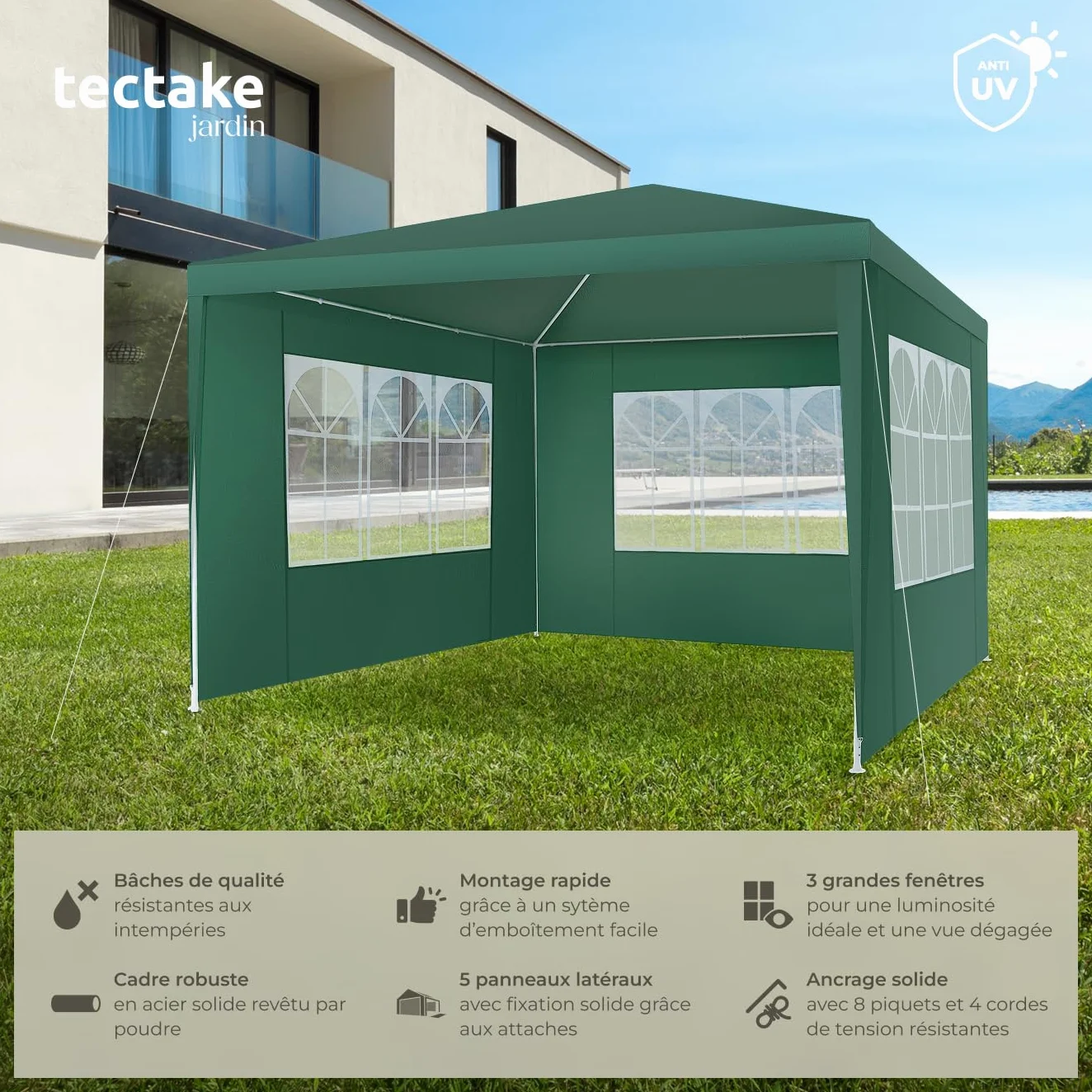 Tectake Tonnelle de Jardin 3x3m Protection UV 30+ Cadre Acier époxy Gazebo avec Parois Amovibles