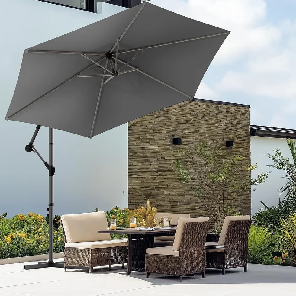 Vounot Parasol déporté hexagonale 3M avec manivelle anti-retour toile 180 gr/m2 protection UV gris