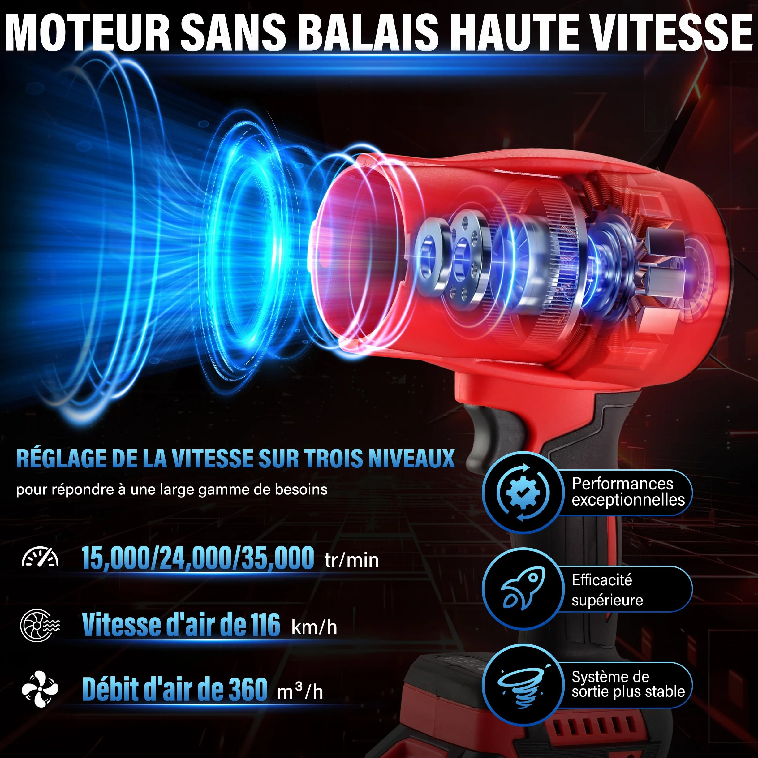 Souffleur sans Fil 21V 35000 TR/Min 3 Vitesses Compatible Batteries Makita 2x6,0Ah