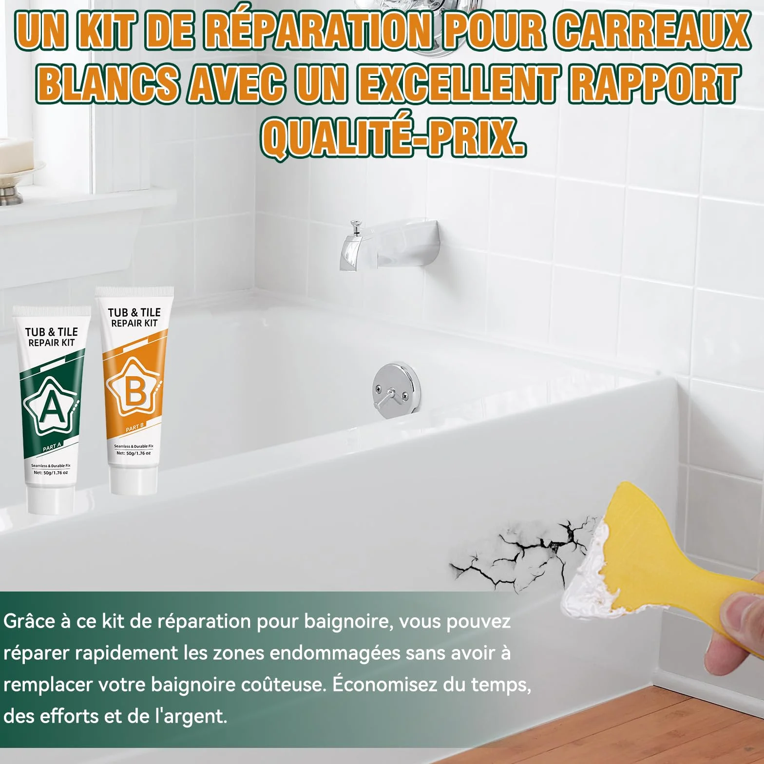 Kit Reparation Carrelage, Réparation Carrelages en fibre de verre pour la réparations des éclats, fissures, rayures et trous sur le carrelag, la porcelaine, la céramique et l'émail de baignoire