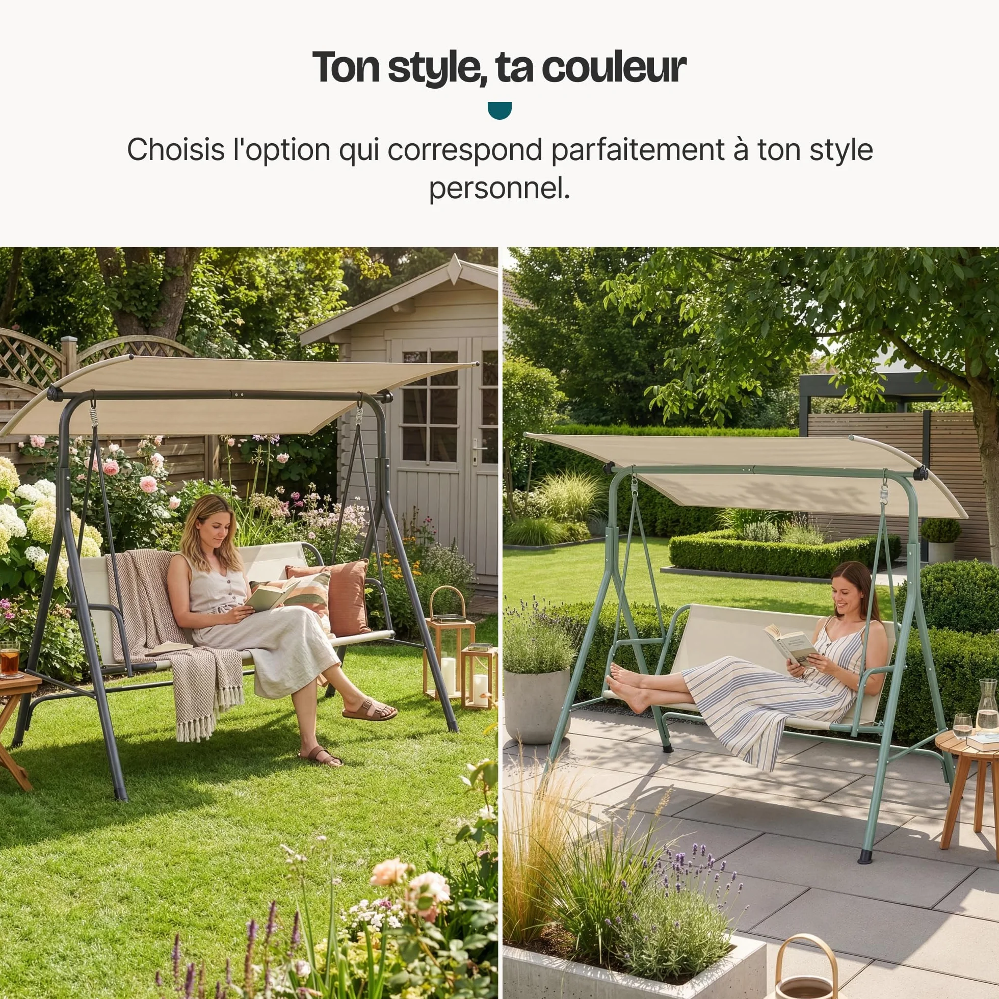 Balancelle de Jardin pour 3 Personnes avec Toit Solaire Réglable Stable Résistant aux UV et à l'eau Acier Polyester Plastique 173 x 119 x 153 cm Vert Clair Beige