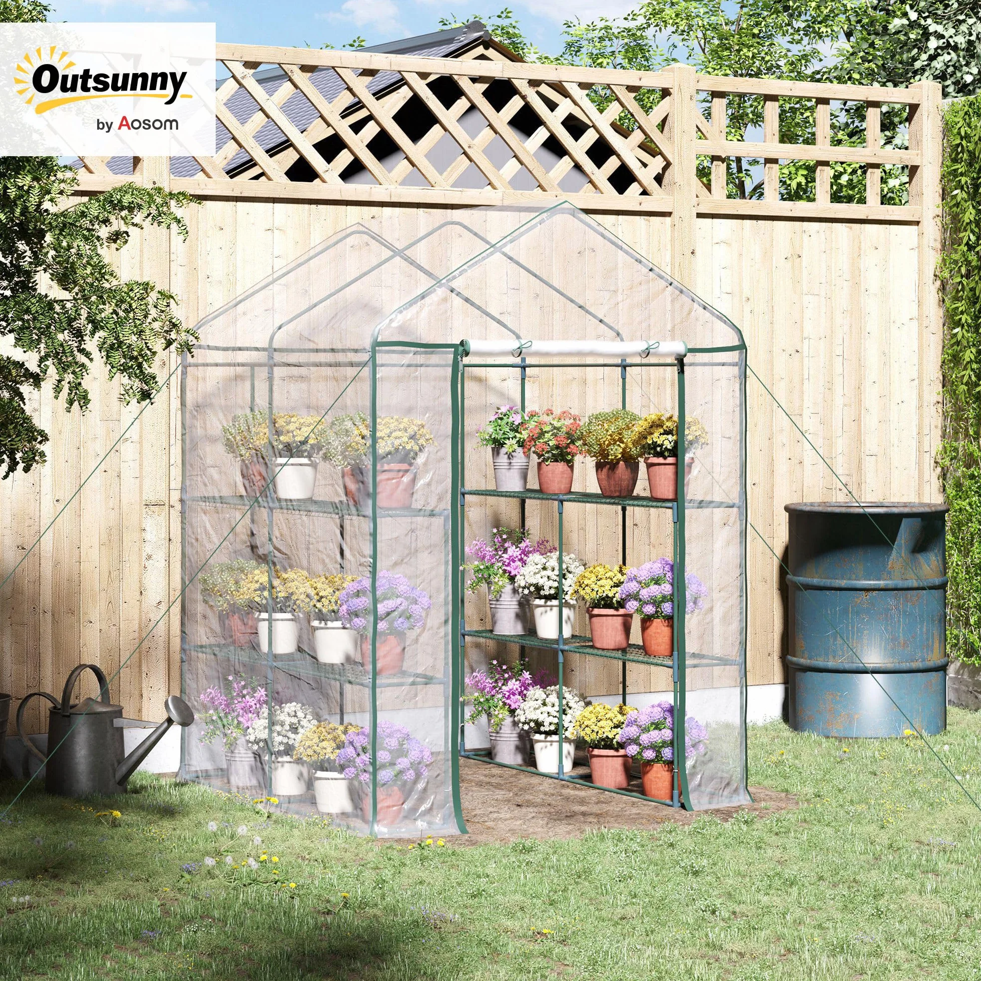 Outsunny Serre de Jardin 3 Niveaux avec étagères, Châssis en Acier, Porte zippée Enroulable, 143x143x195cm