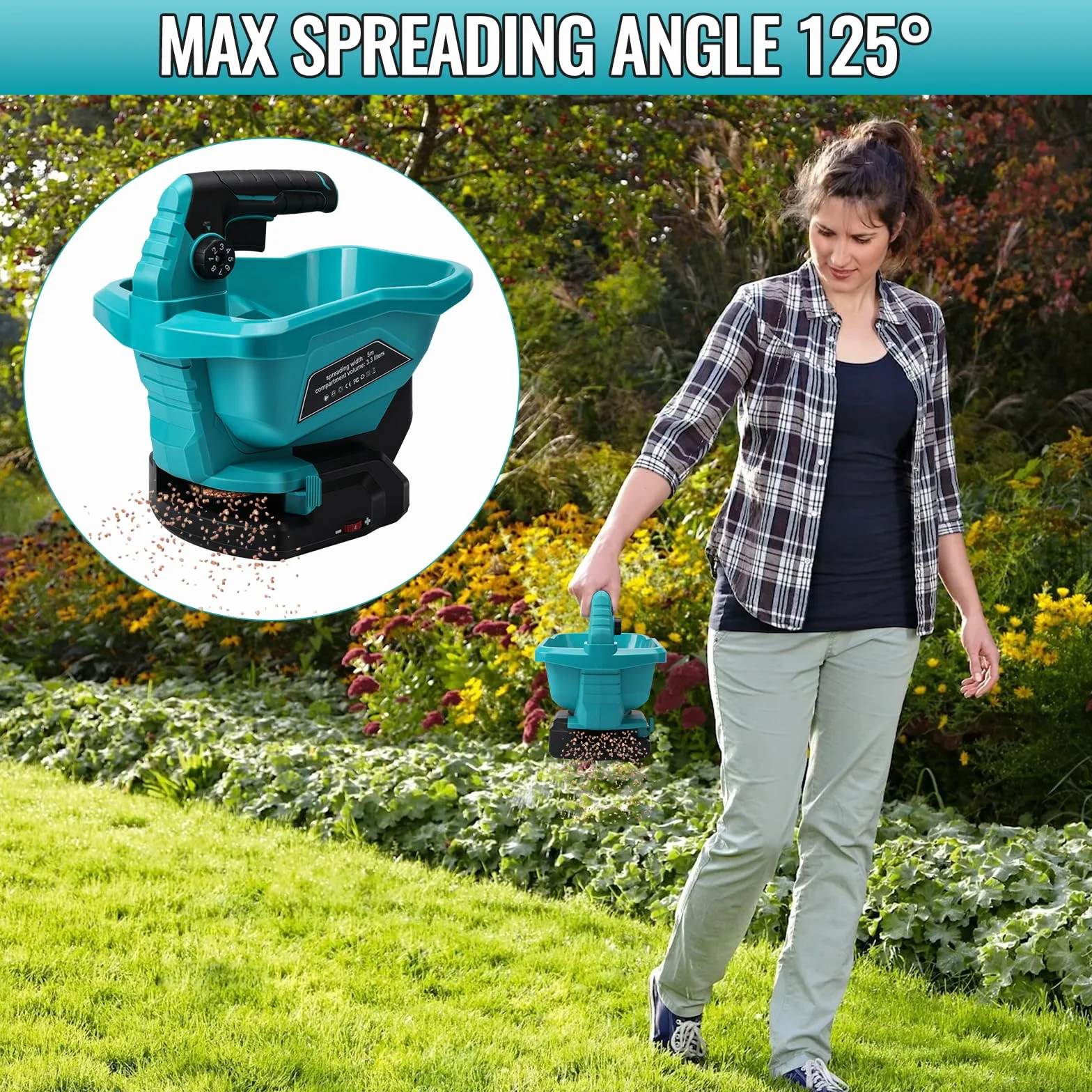 Makita 18 V Épandeur d'engrais Portable 3,7 L Réglage de Vitesse 6 étapes Couvert 800 m²