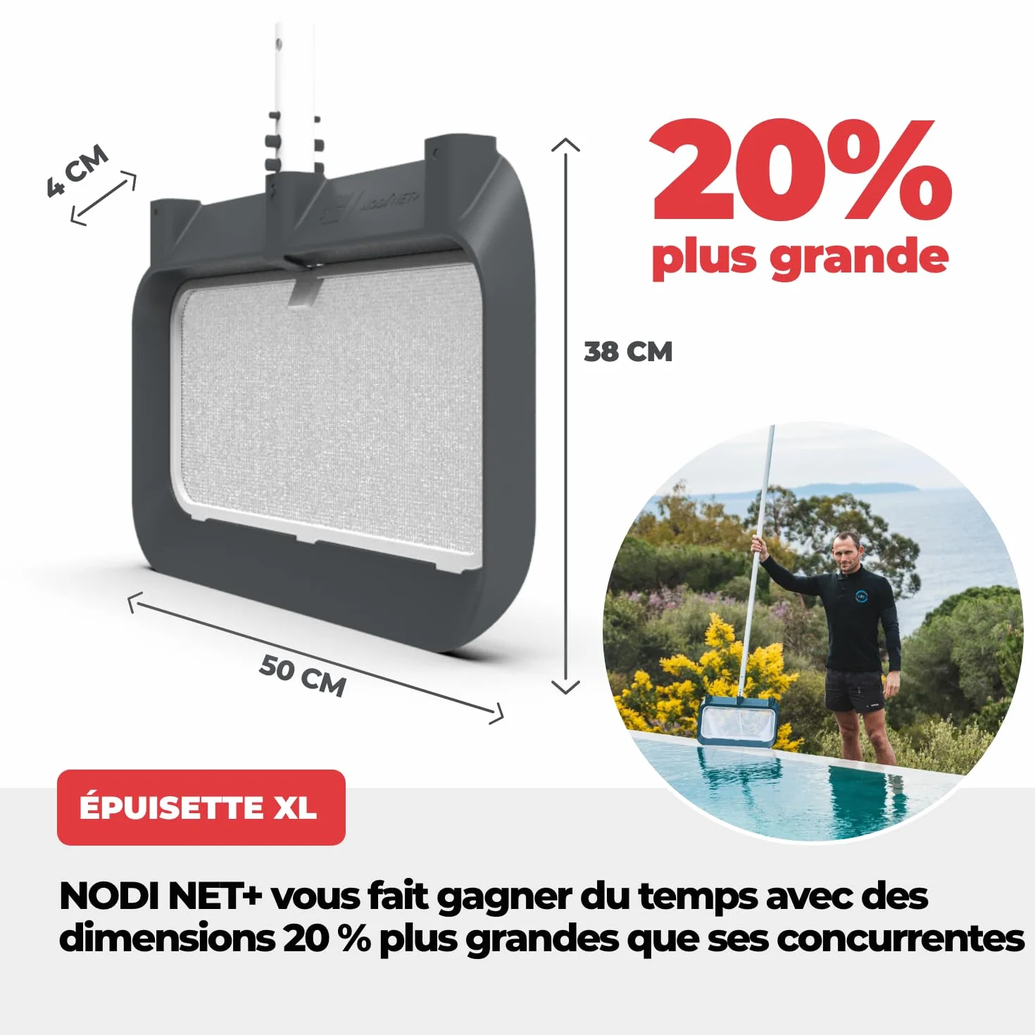 Épuisette Piscine Professionnelle 3-en-1 NODI Net+ Fond Surface Coffre Volet Immergé Résistance 32 kg Filet Remplaçable