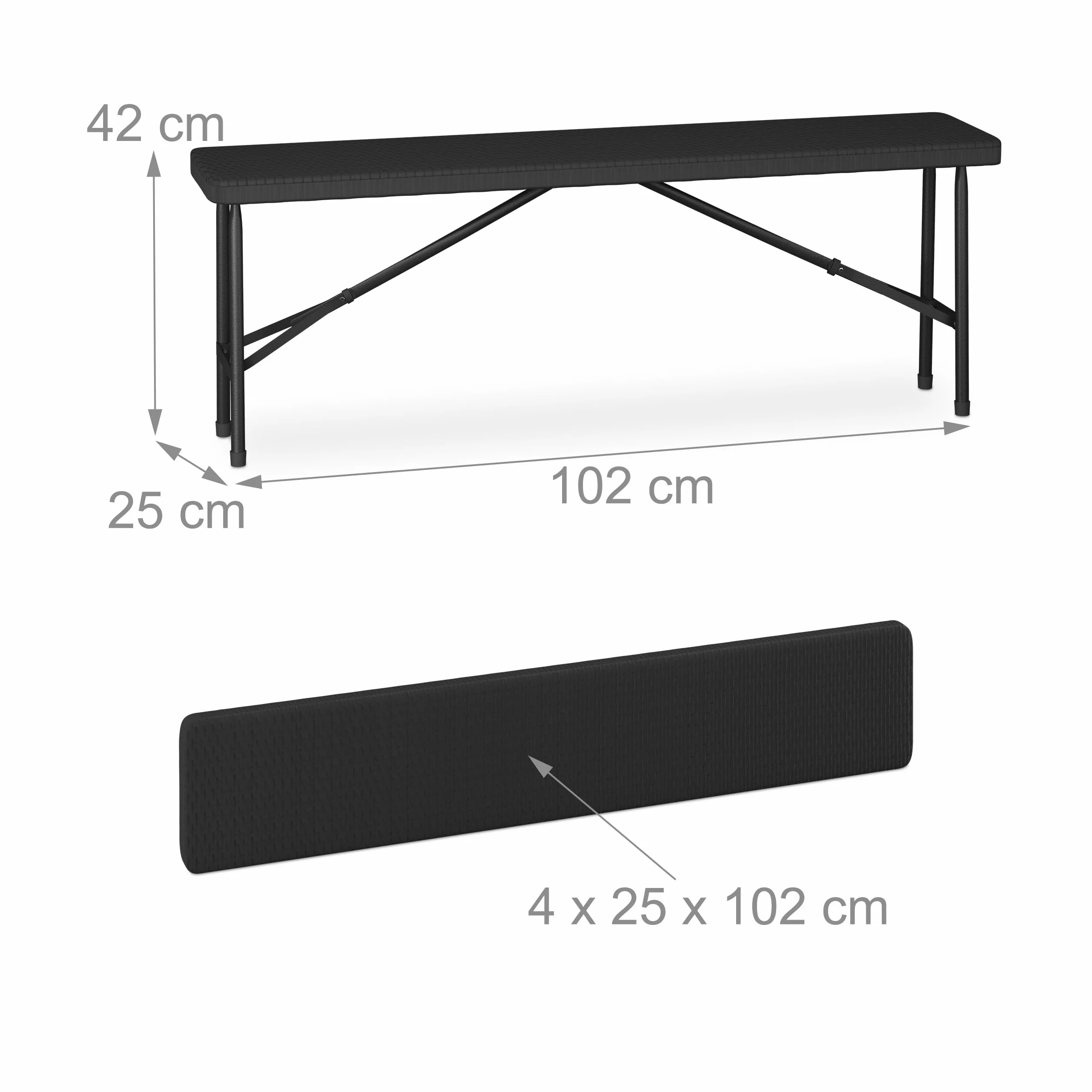 Relaxdays Ensemble Table Pliante et 2 Bancs 120 cm Aspect Rotin Noir
