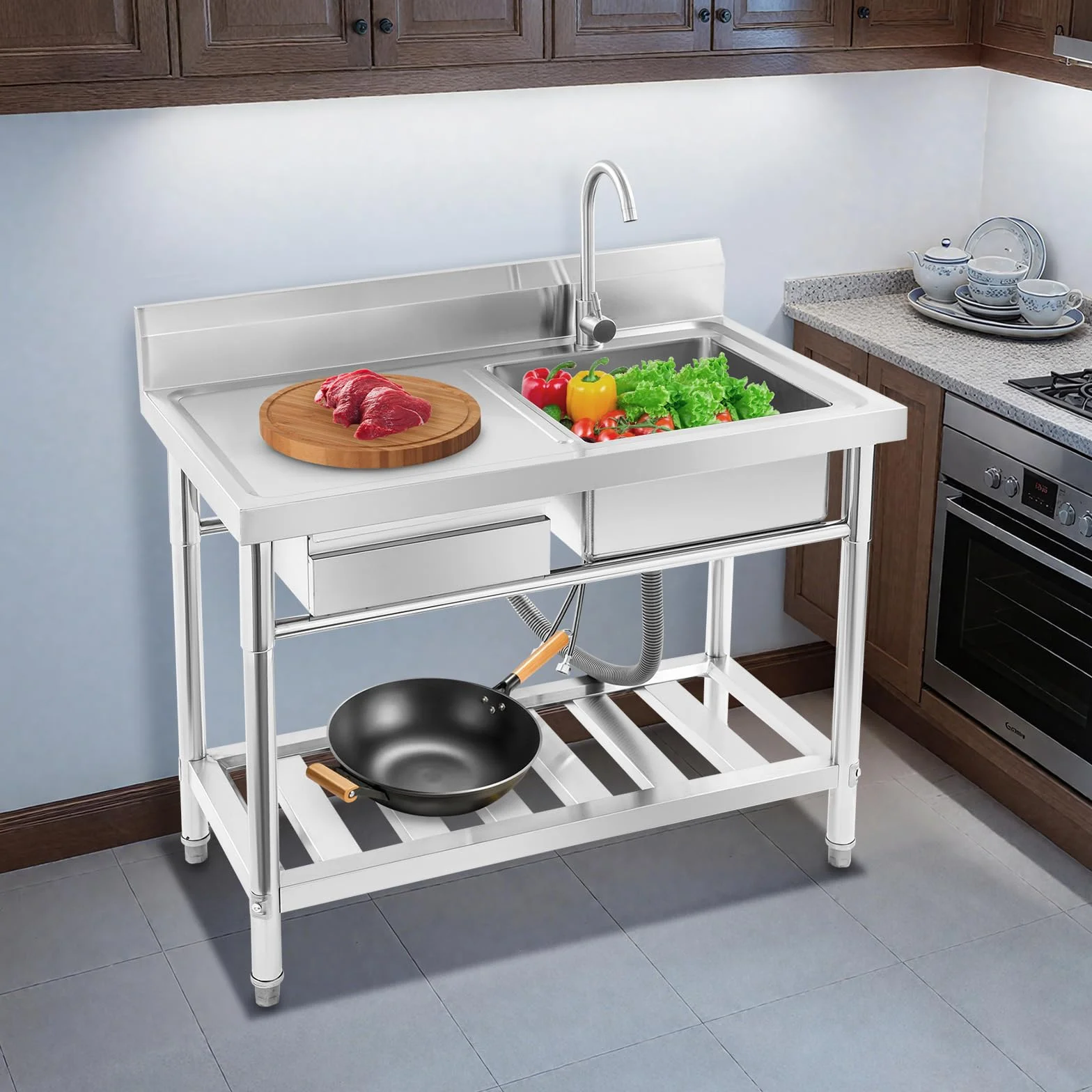 Évier indépendant acier inoxydable extérieur 100x60x80 cm robinet pivotant 360°